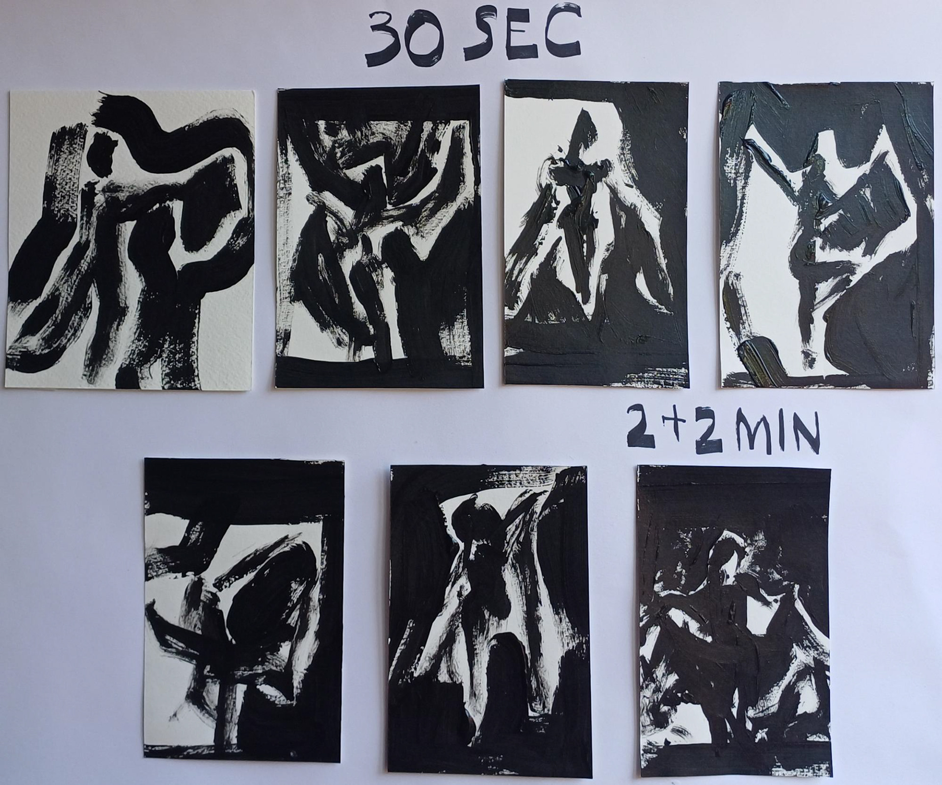 Observational Sketches III, Acrylic on watercolor paper, 6 x 4 inches, 2025 These sketches were done in quick-hand from observation of a live model with a large bristle brush and diluted black acrylic. Six figures were done in 30 seconds each and one in four minutes. I took the negative-space approach, and used a timer, starting each sketch with the space around the figure.
