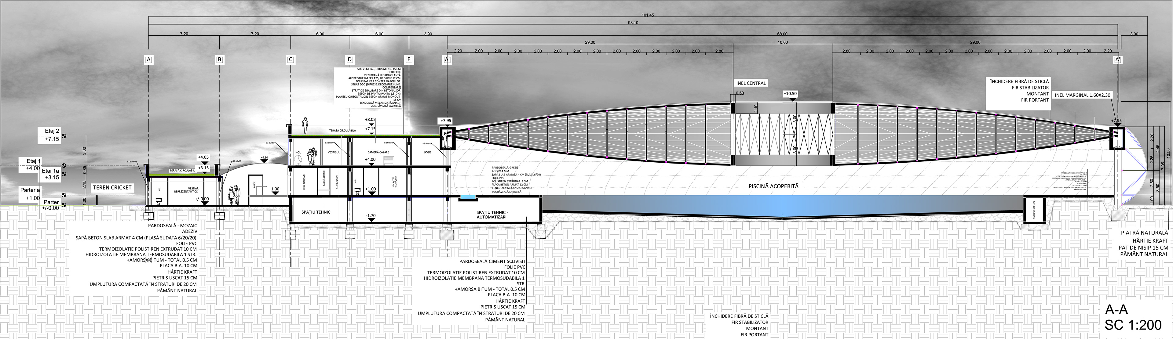 Longitudinal Section (1:200) - through interior swimming pool area, hotel, shopping, lockers for exterior cricket field