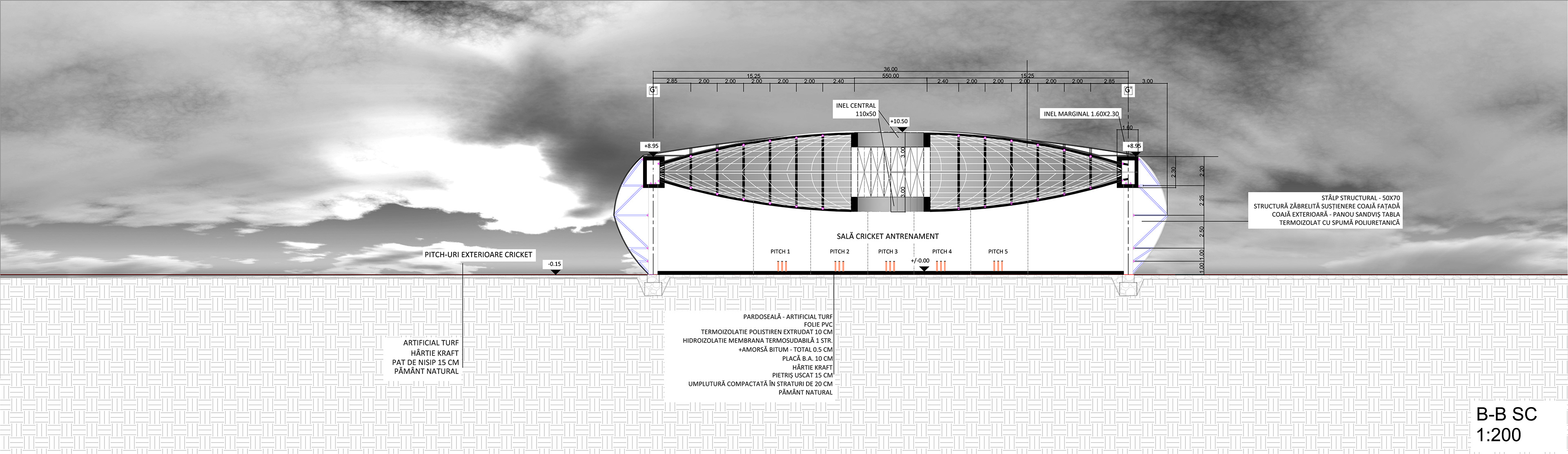 Transversal Section (1:200) - through interior cricket pitch