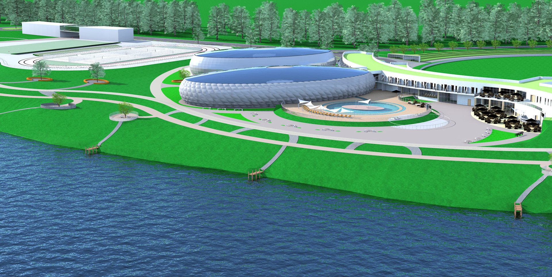 Rendering - Cricket and Oina Club - showing exterior swimming pool, restaurant, hotel, swimming hall and cricket pitch