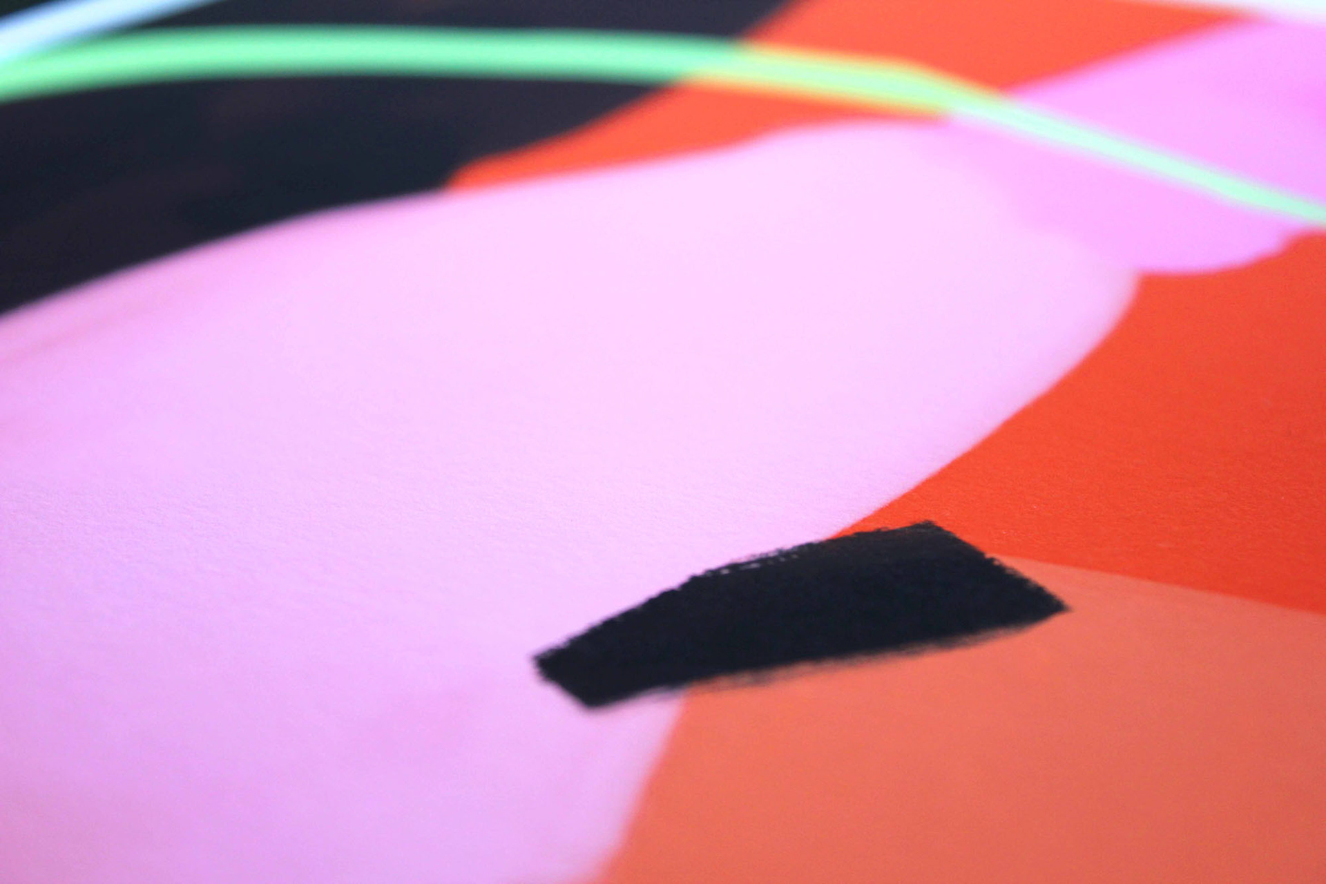 Abstract painting “hidden H” by Anne Marie Kersten – vibrant composition in red, pink, black and neon green tones, bold shapes and hidden rhythm suggestive of a concealed H.Abstrakte Malerei „hidden H“ von Anne Marie Kersten – leuchtende Komposition in Rot, Pink, Schwarz und Neon-Grün, kräftige Formen und ein verborgener Rhythmus mit Andeutung eines versteckten H