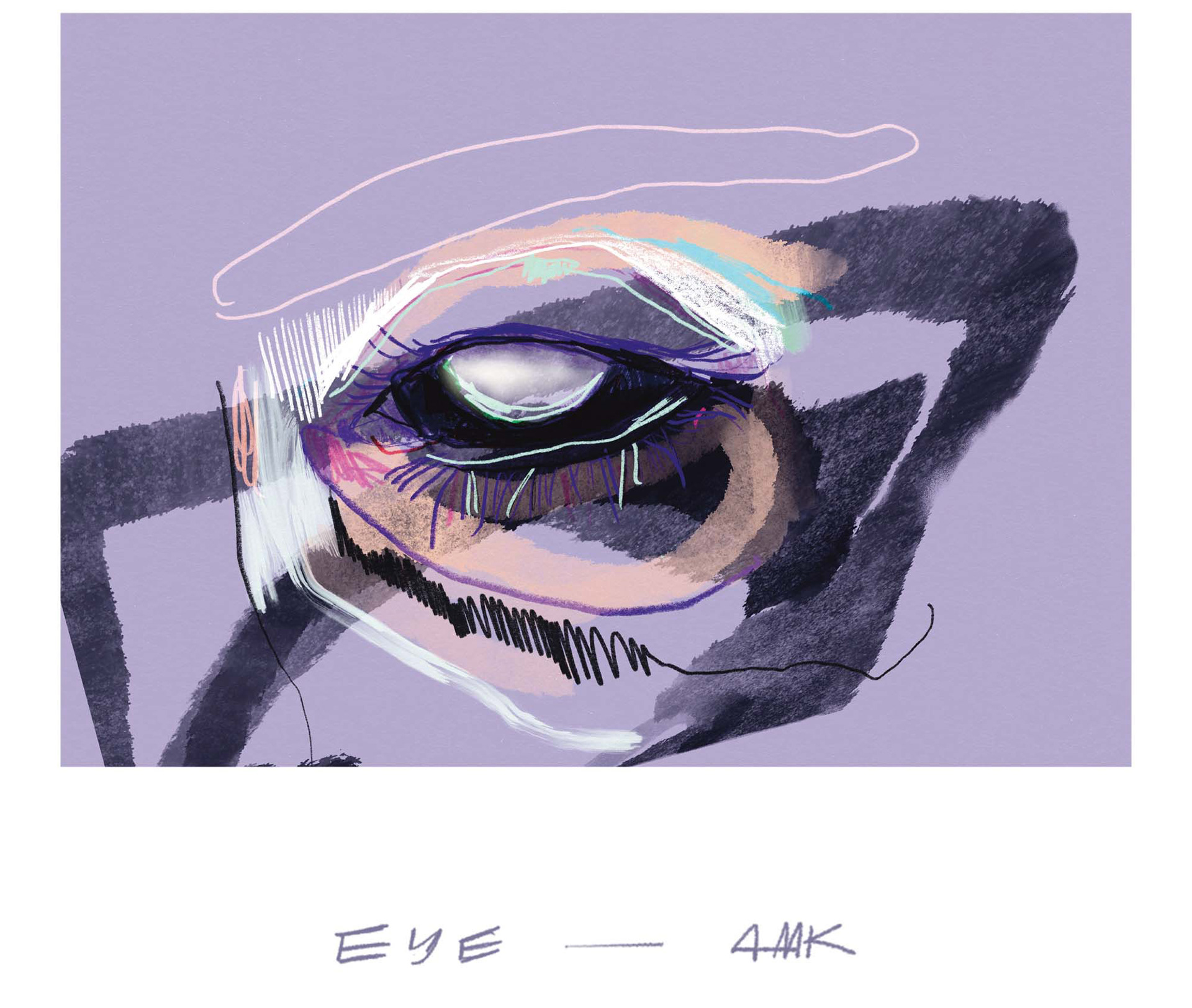 Fine Art Print „EYE“ von Anne‑Marie Kersten – ausdrucksstarkes, stilisiertes Auge in Mixed Media Technik auf lila Hintergrund / Fine art print “EYE” by Anne‑Marie Kersten – expressive, stylized eye using mixed media on lavender background