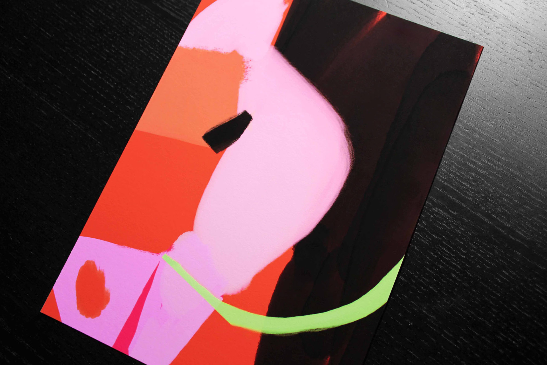 Abstract painting “hidden H” by Anne Marie Kersten – vibrant composition in red, pink, black and neon green tones, bold shapes and hidden rhythm suggestive of a concealed H.Abstrakte Malerei „hidden H“ von Anne Marie Kersten – leuchtende Komposition in Rot, Pink, Schwarz und Neon-Grün, kräftige Formen und ein verborgener Rhythmus mit Andeutung eines versteckten H