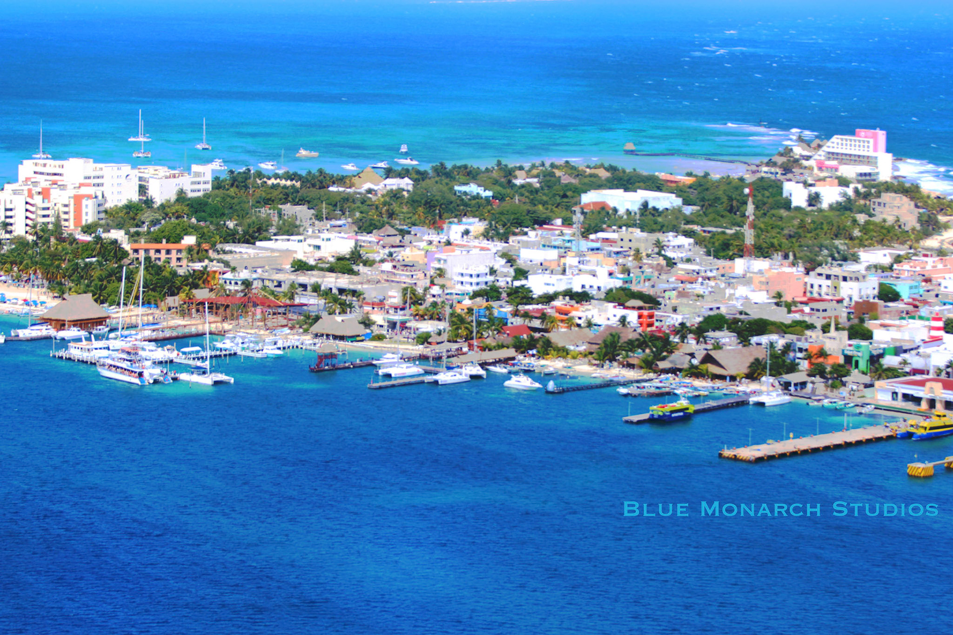 Helicopter view of the city of Cancun, Mexico