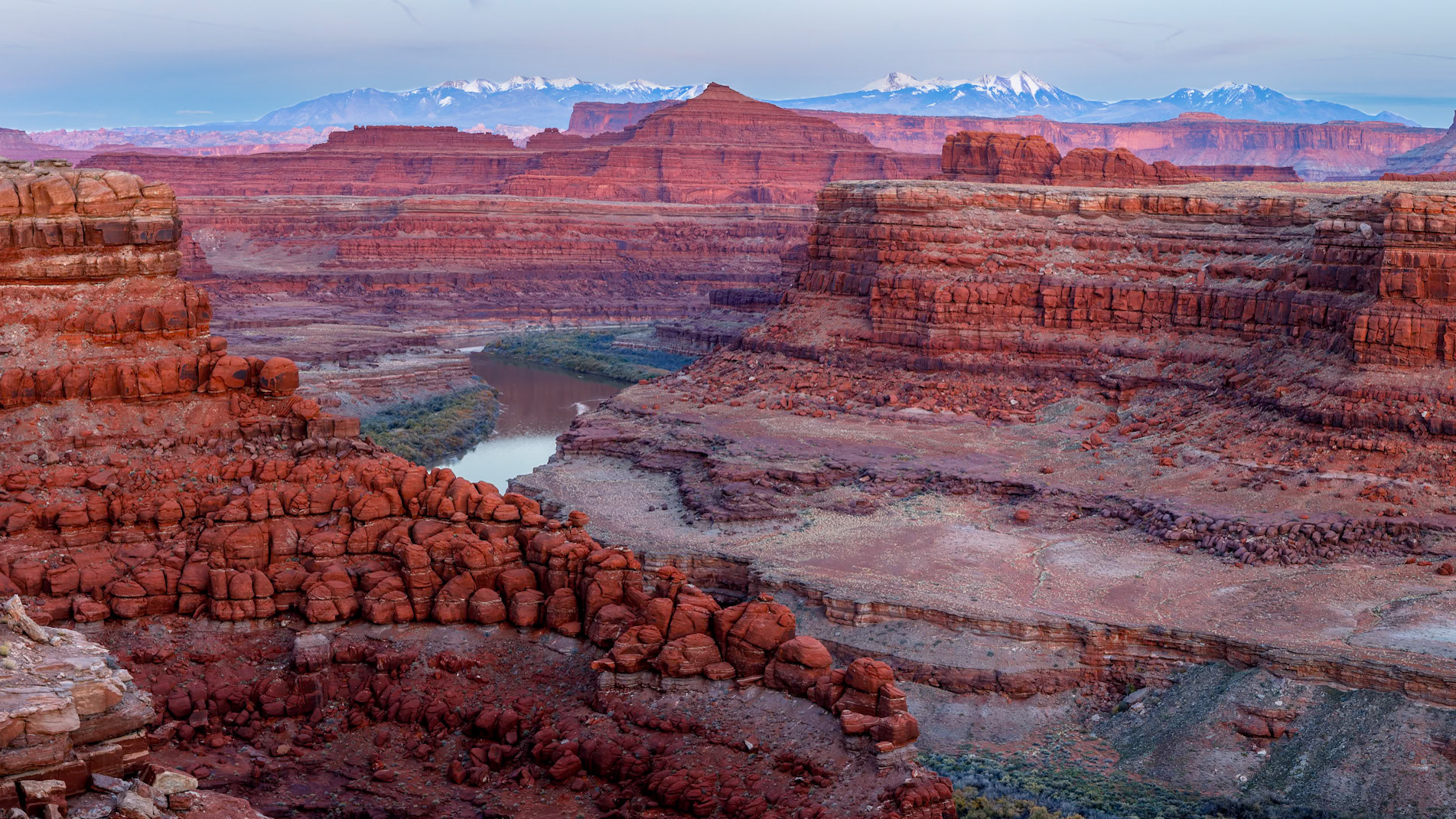 La Sal Mountains and Colorado River from Potash Road, Moab