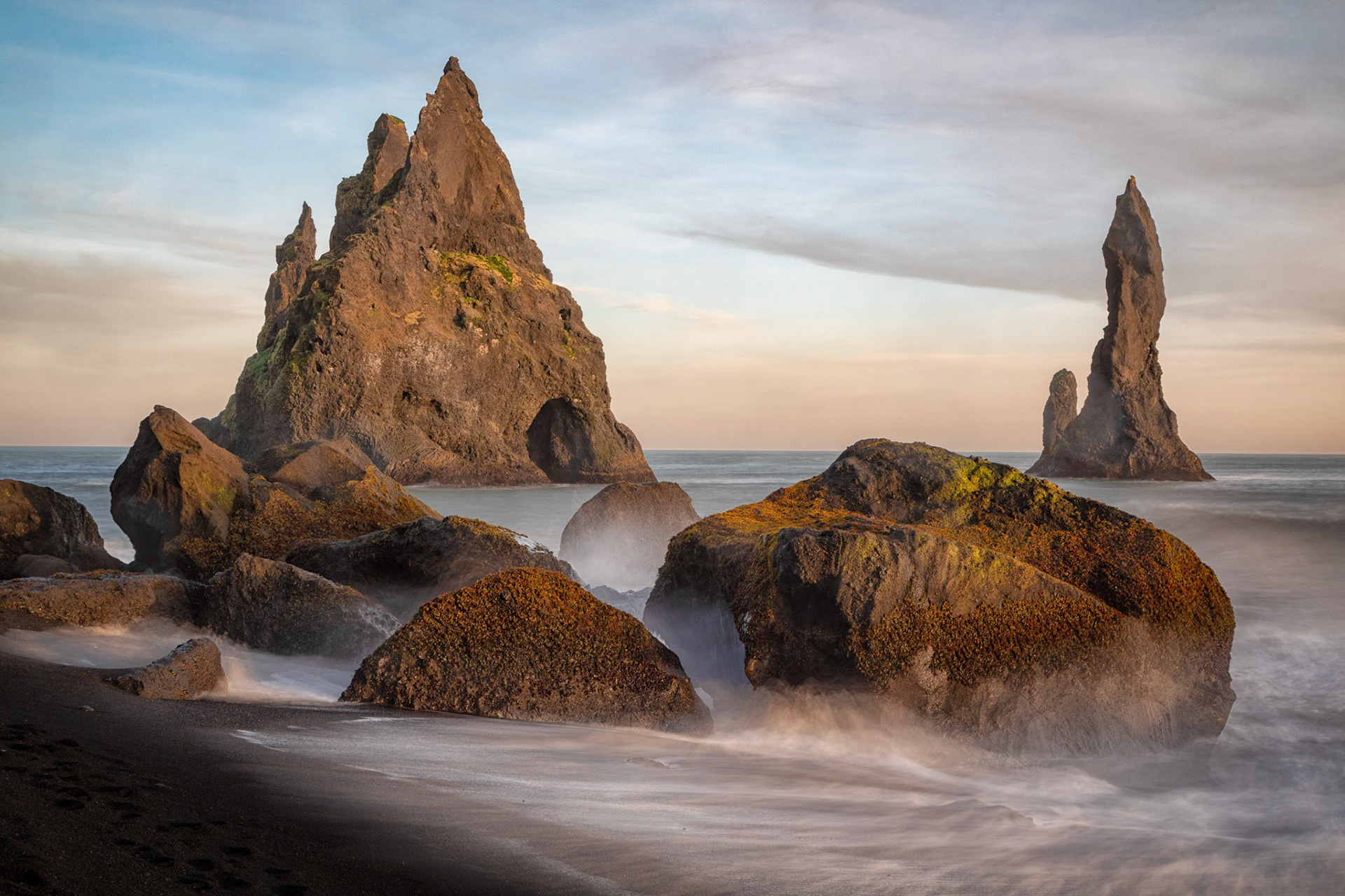 Reynisdrangar sea stacks from Reynisfjara Beach