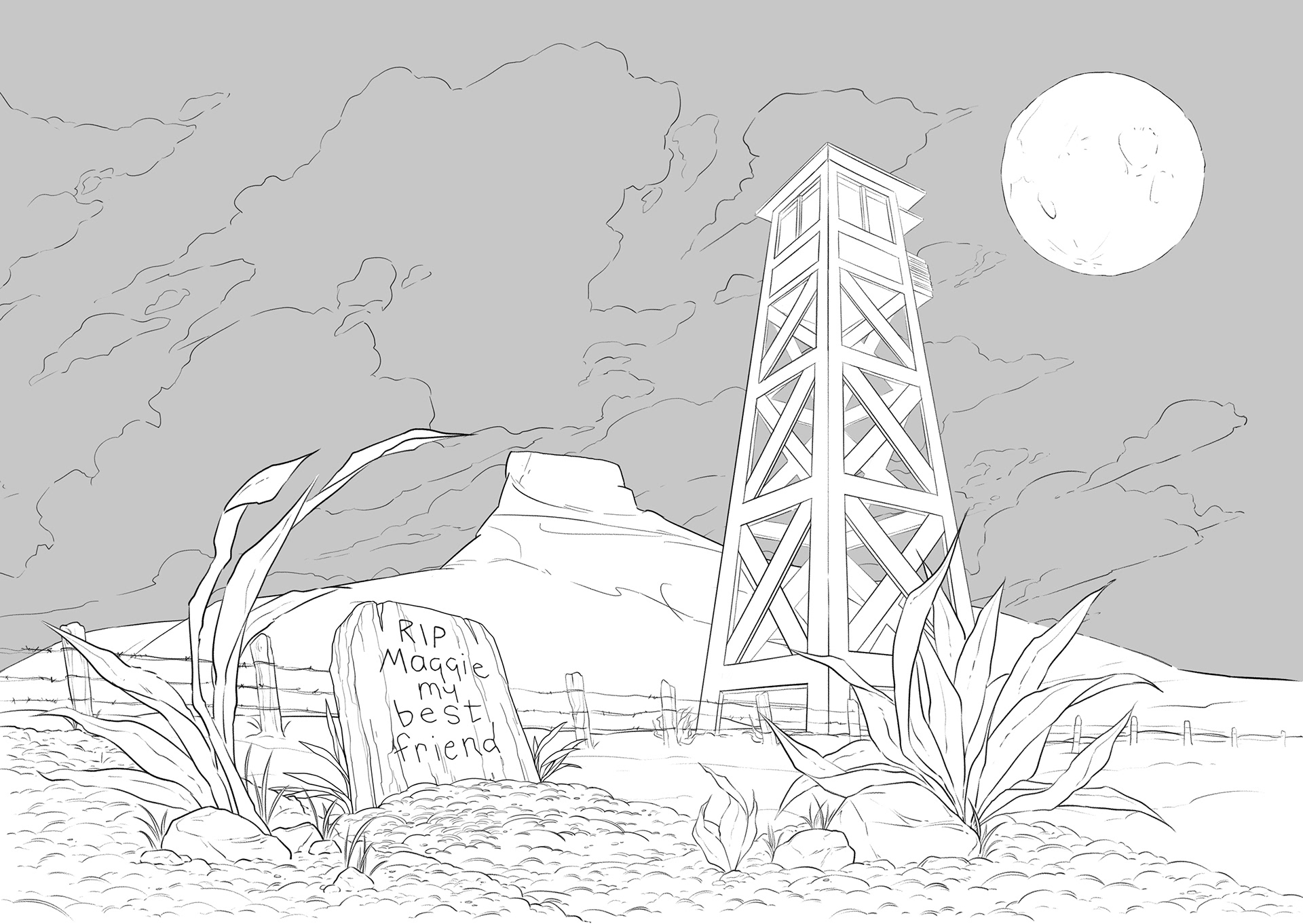 Gravestone, tower, and mountain done by other artists