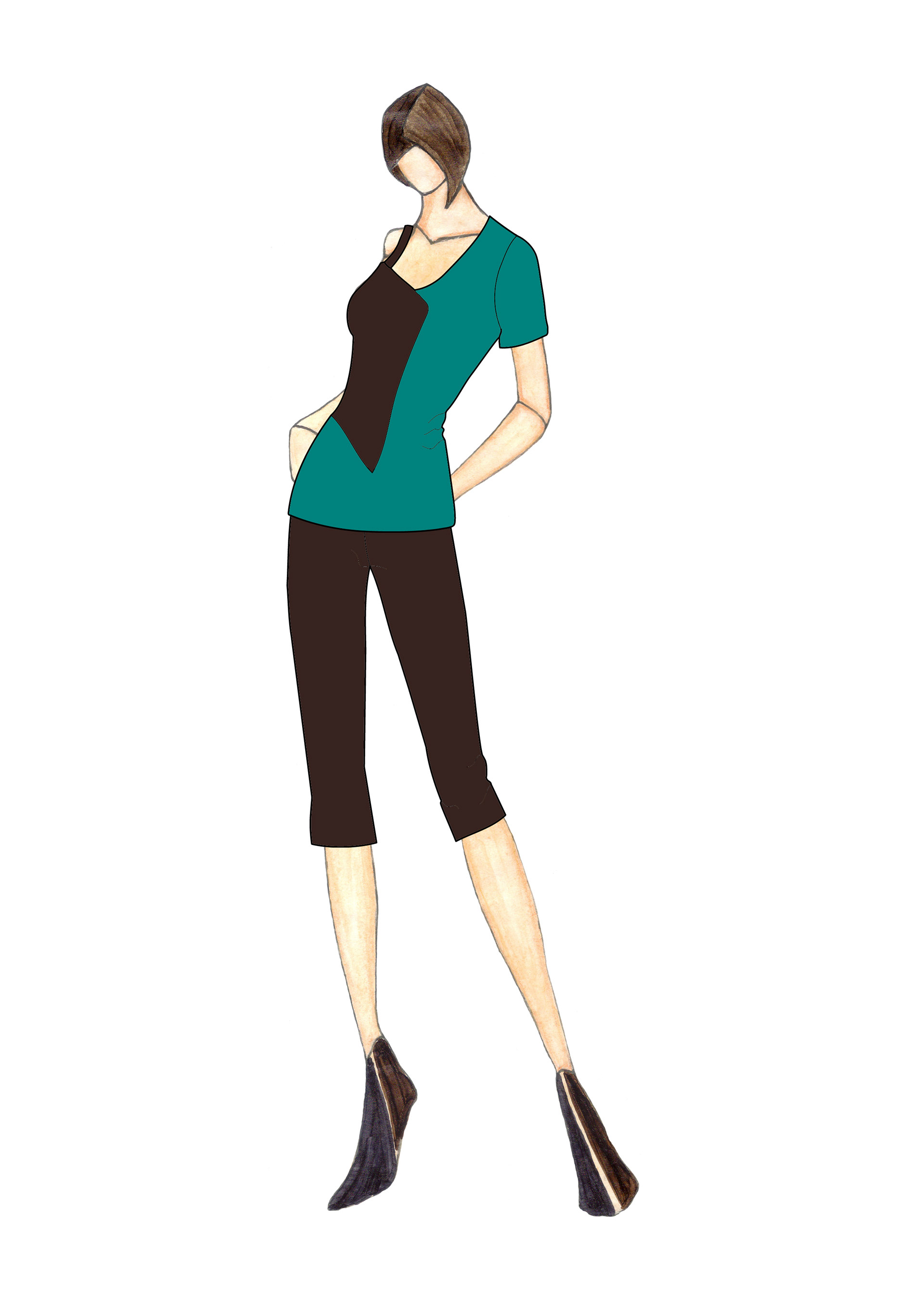 Asymmetric Left Sleeve Top with Toreador Pants
