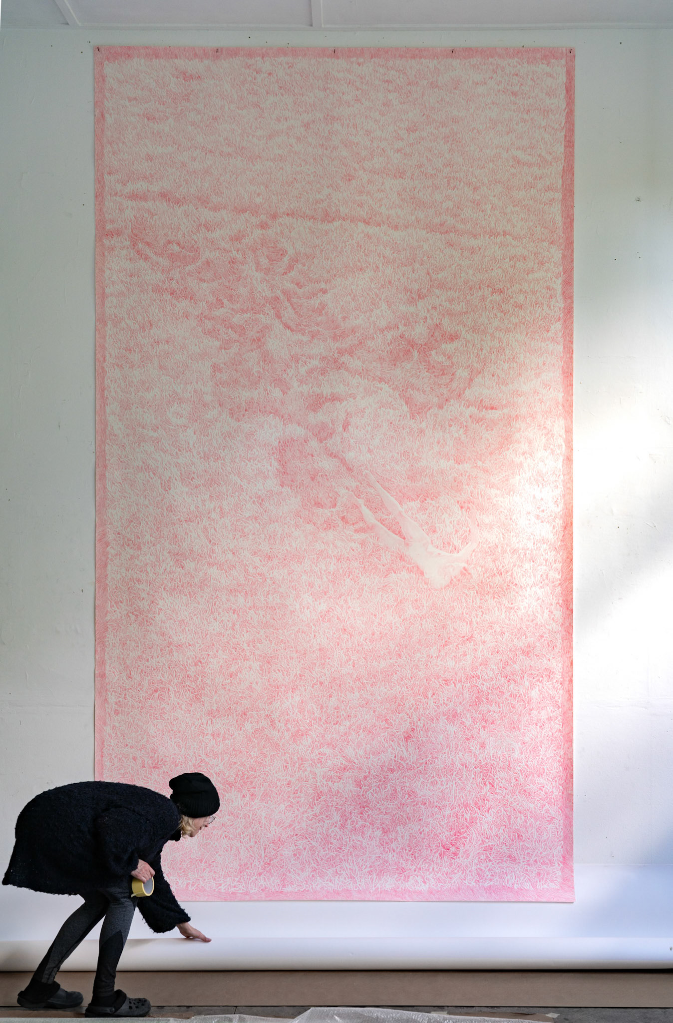 Untitled (Febr 8), coloured pencil (Bright Pink) on paper, 427 x 240 cm, 2025 (based on drone performance registration February 8 2023)