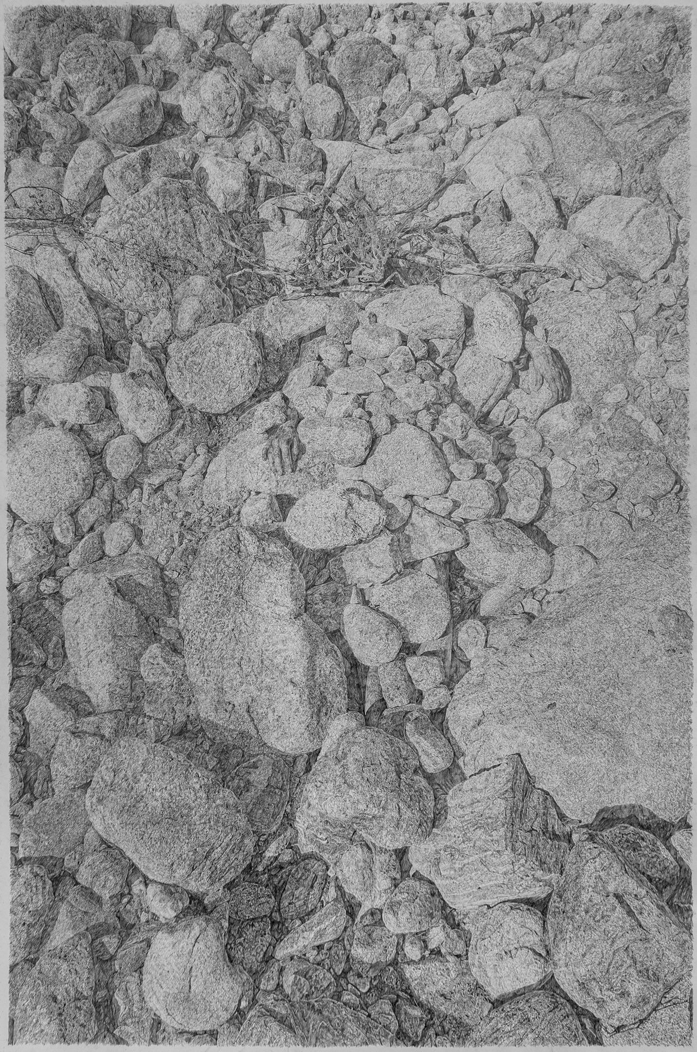 Covered (river rocks),graphite on paper, 320 x 220 cm,  2021 