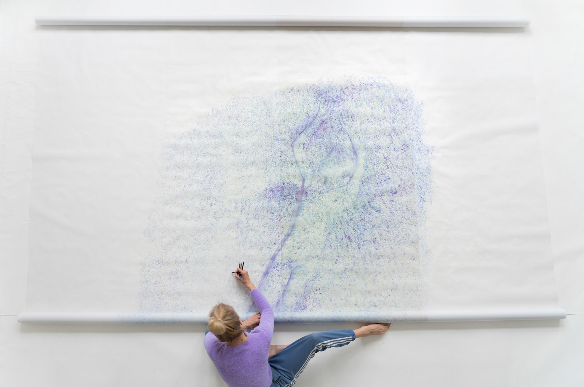 Covered (vertebrae) - making of, colored pencil on tracing paper, bookbinding glue, 485 x 395 cm (total length: appr. 1000 cm), 2023