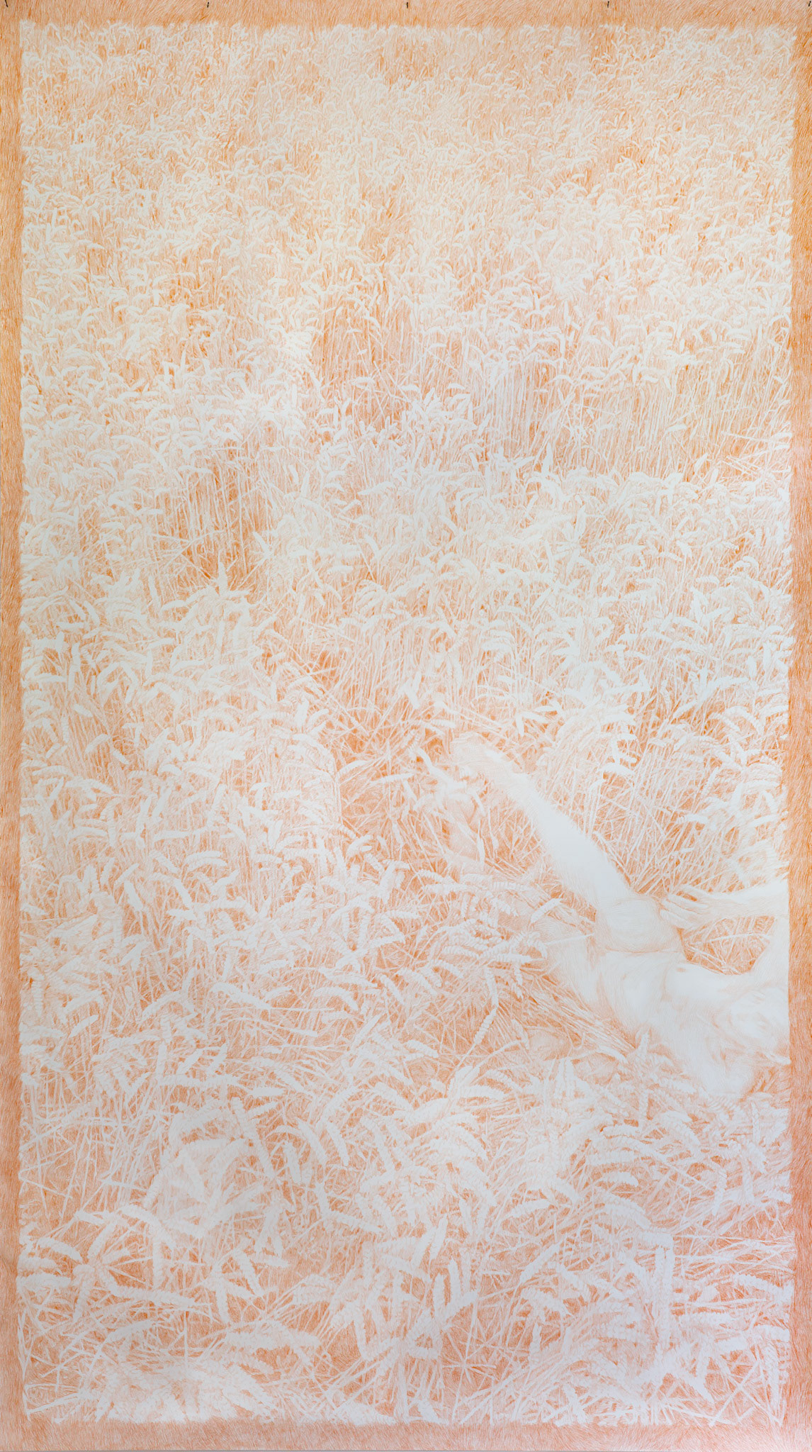 Untitled (July 19), coloured pencil (Flame) on paper, 427 x 240 cm, 2025 (based on drone performance registration July 19 2023)