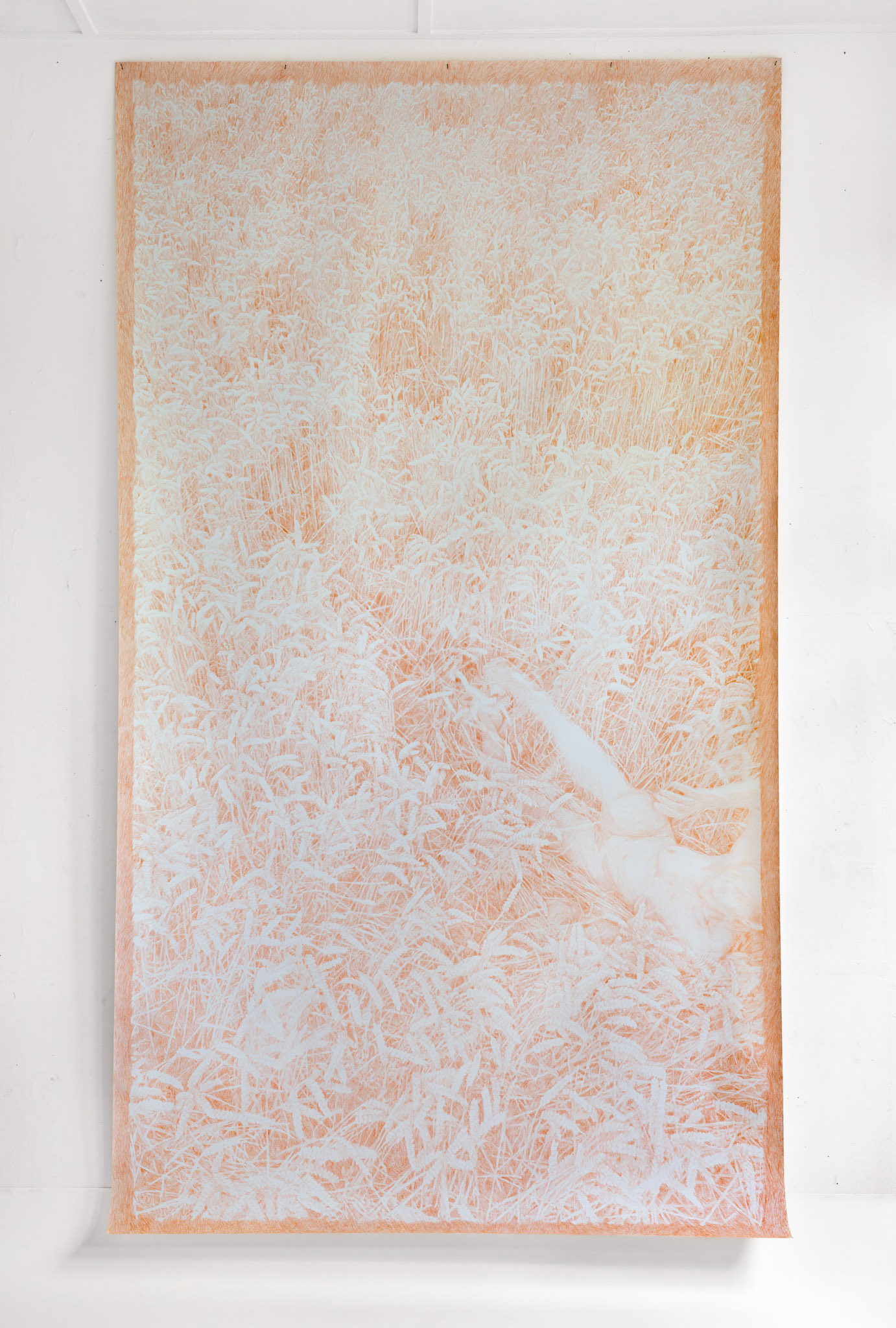 Untitled (July 19), coloured pencil (Flame) on paper, 427 x 240 cm, 2025 (based on drone performance registration July 19 2023)