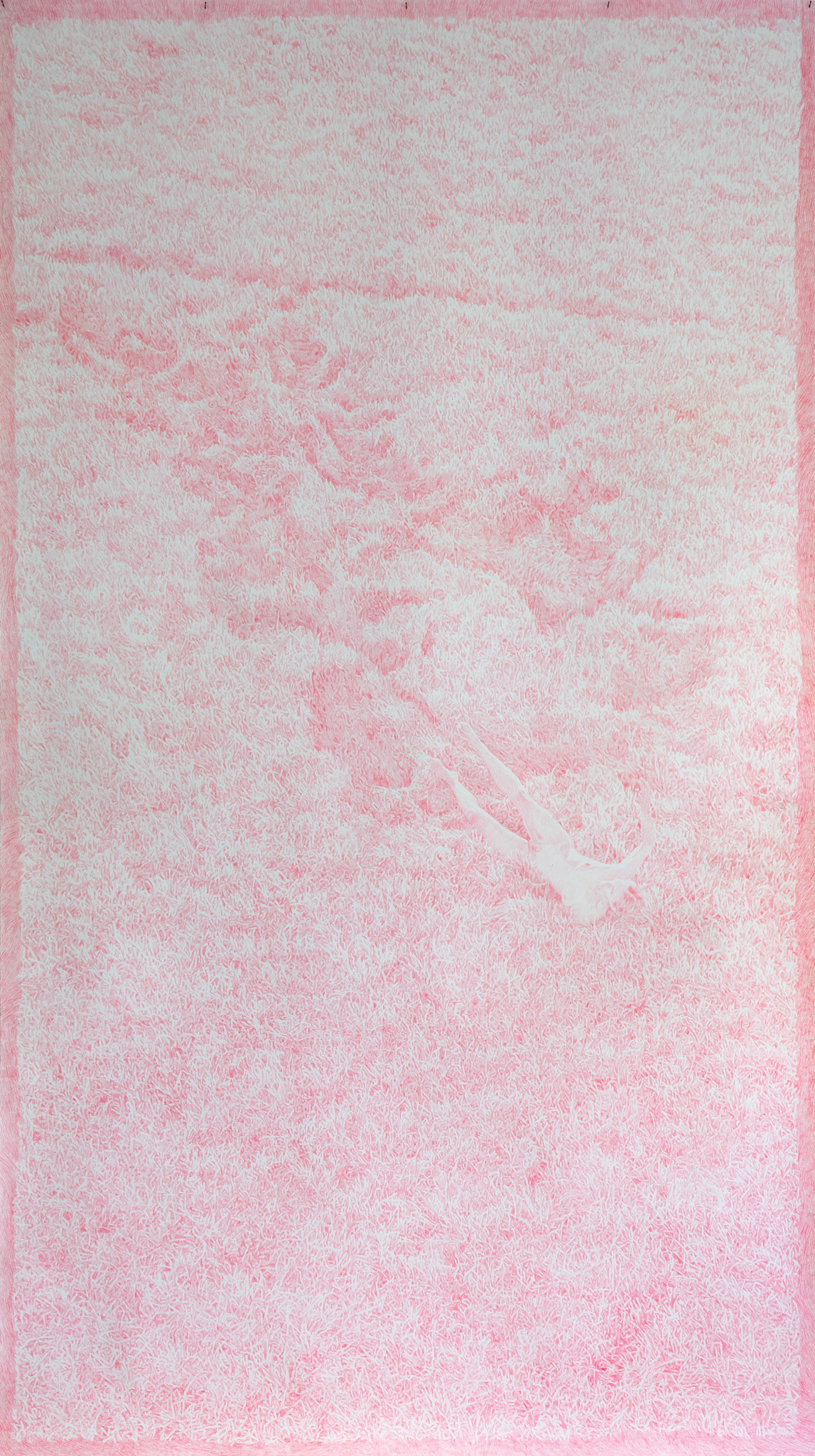 Untitled (Febr 8), coloured pencil (Bright Pink) on paper, 427 x 240 cm, 2025 (based on drone performance registration February 8 2023)