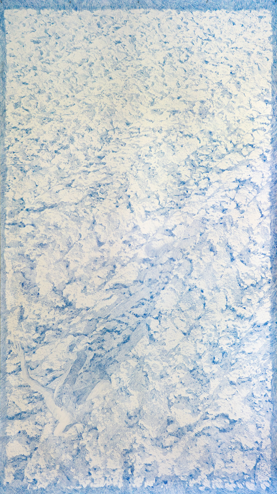 Untitled (Jan 18), coloured pencil (Deep Blue) on paper, 427 x 240 cm, 2025 (based on drone performance registration January 18 2024)