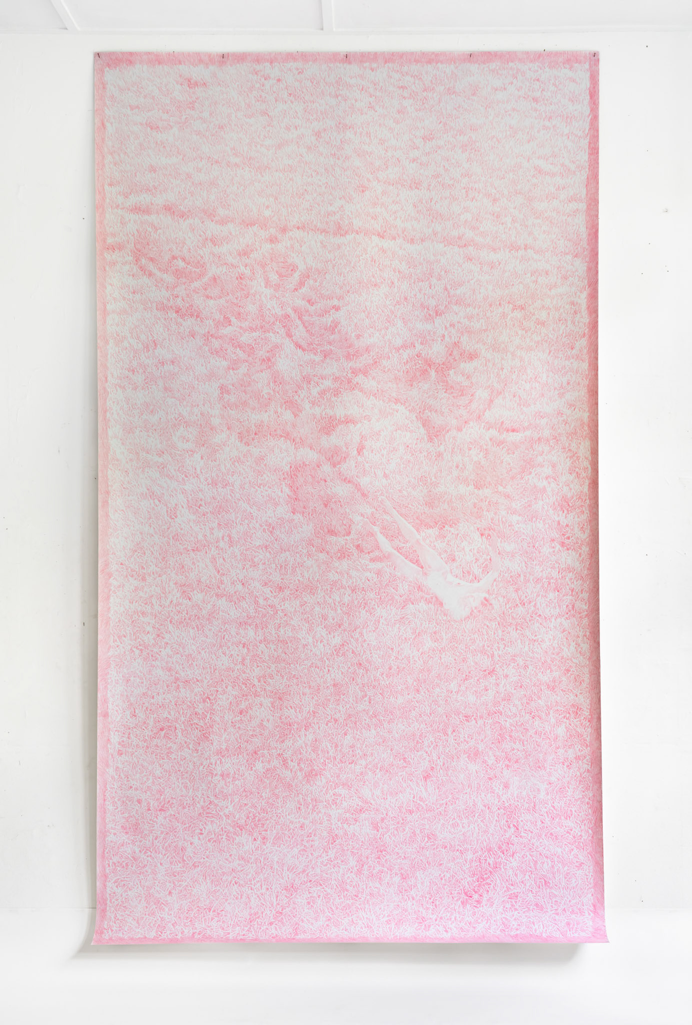 Untitled (Febr 8), coloured pencil (Bright Pink) on paper, 427 x 240 cm, 2025 (based on drone performance registration February 8 2023)