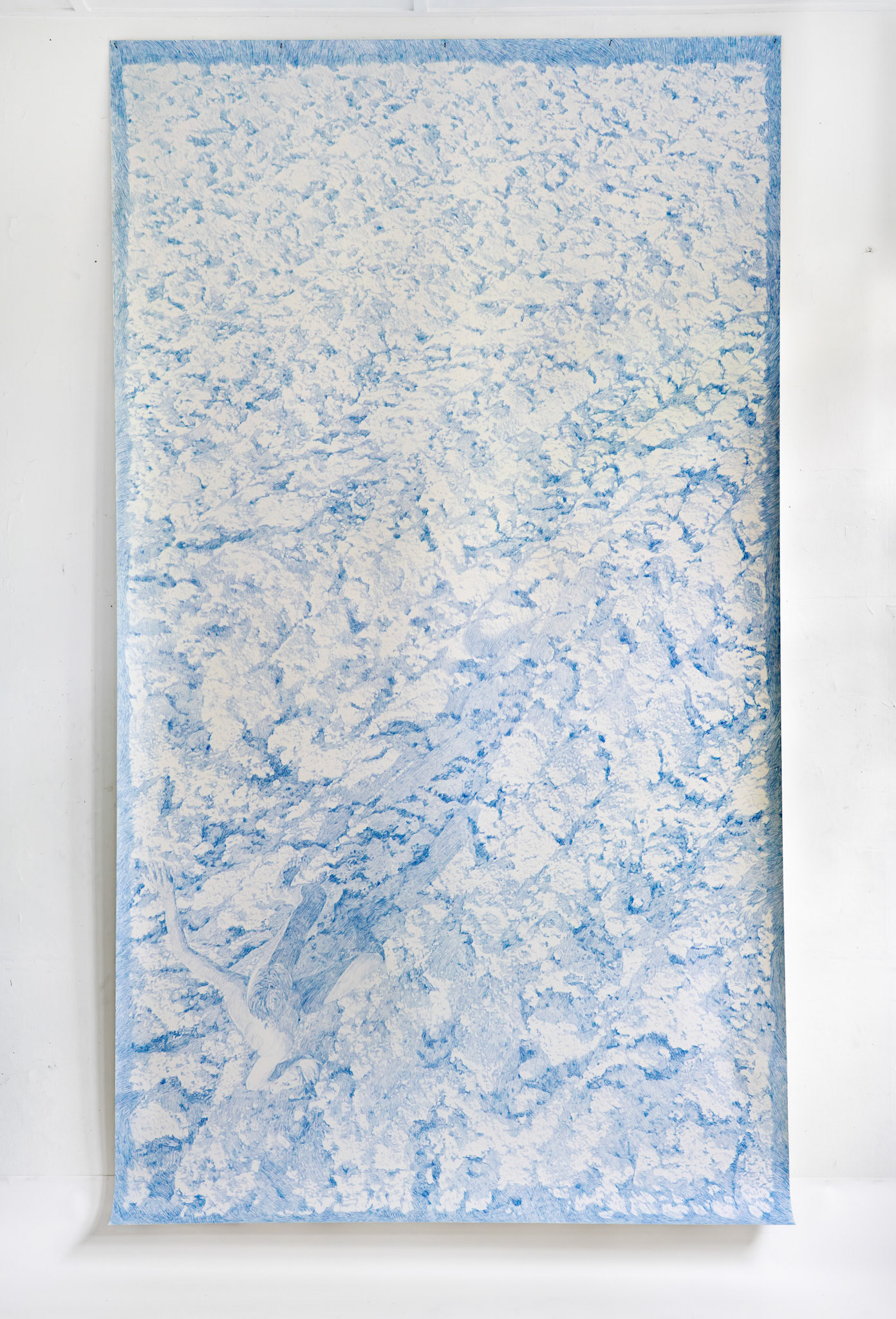 Untitled (Jan 18), coloured pencil (Deep Blue) on paper, 427 x 240 cm, 2025 (based on drone performance registration January 18 2024)
