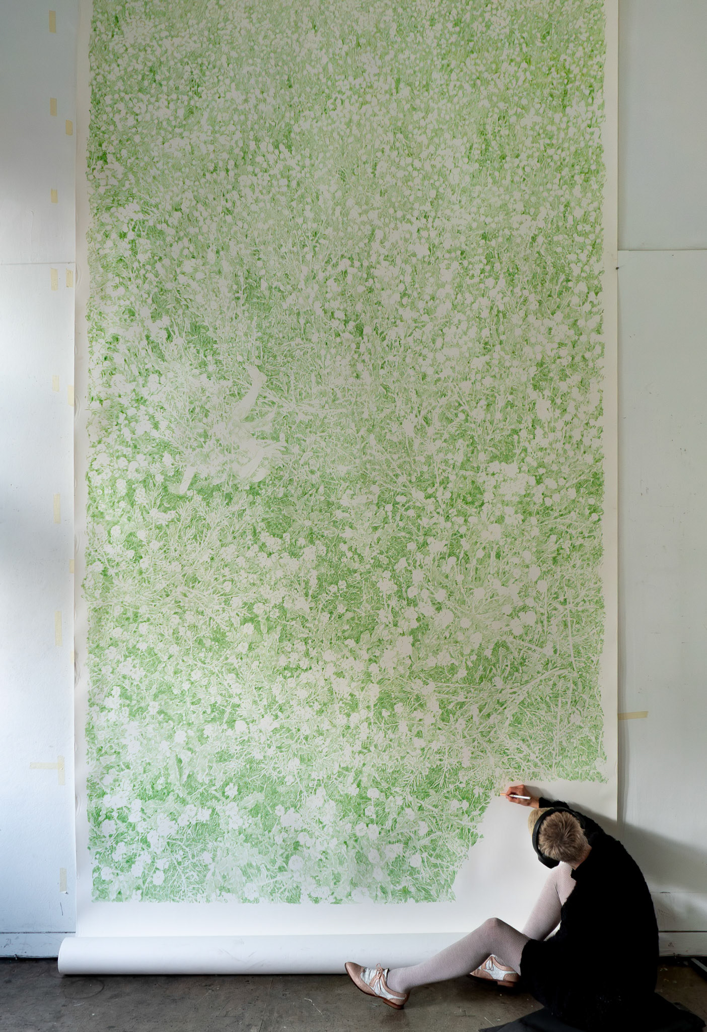 Untitled (April 30), coloured pencil (Grass Green, Derwent Lightfast) on paper, 427 x 235 cm, 2025 (based on drone performance registration July 19 2024)