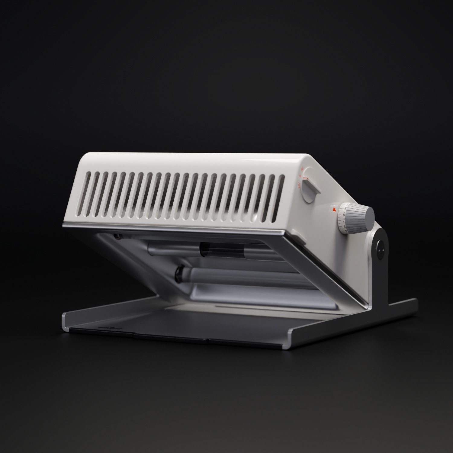 3D Produktvisualisierung, Braun Cosmolux in weiß, Seitenansicht mit Schaltern, Hintergrund schwarz, Design Marius Nied