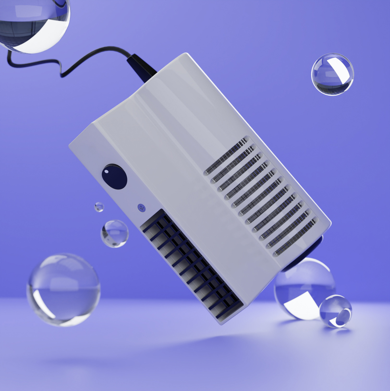 3D Produktvisualisierung, Braun Föhn, Blauer Hintergrund und spiegelnde Glaskugeln