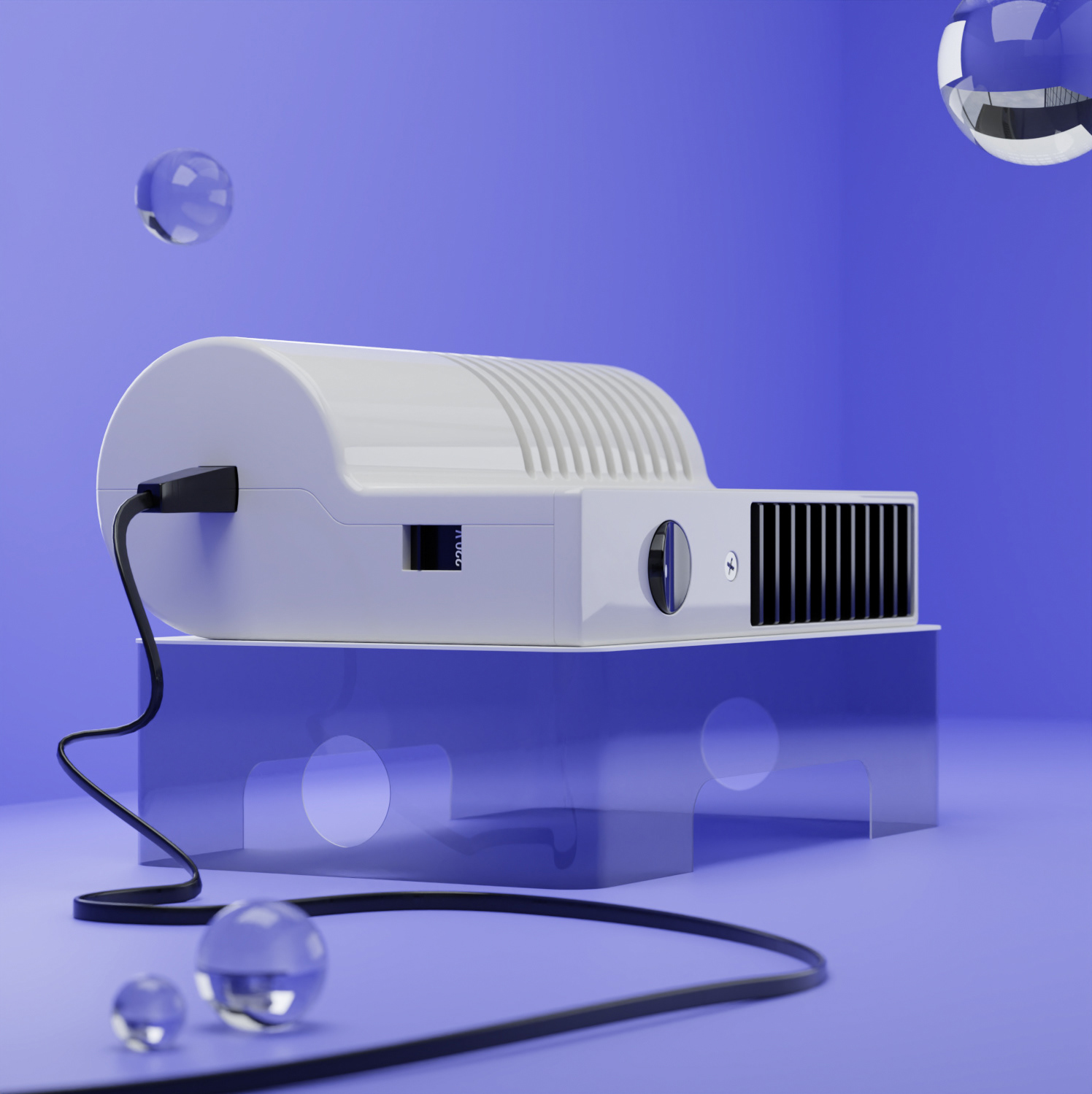 3D Produktvisualisierung, Braun Föhn, Blauer Hintergrund und spiegelnde Glaskugeln, Design