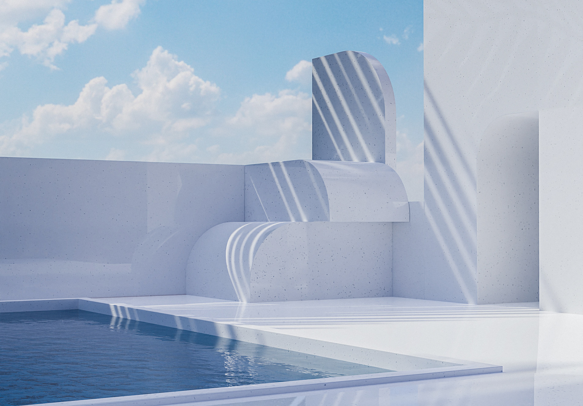 3D-Visualisierung moderne Architektur, Pool mit blauem Himmel