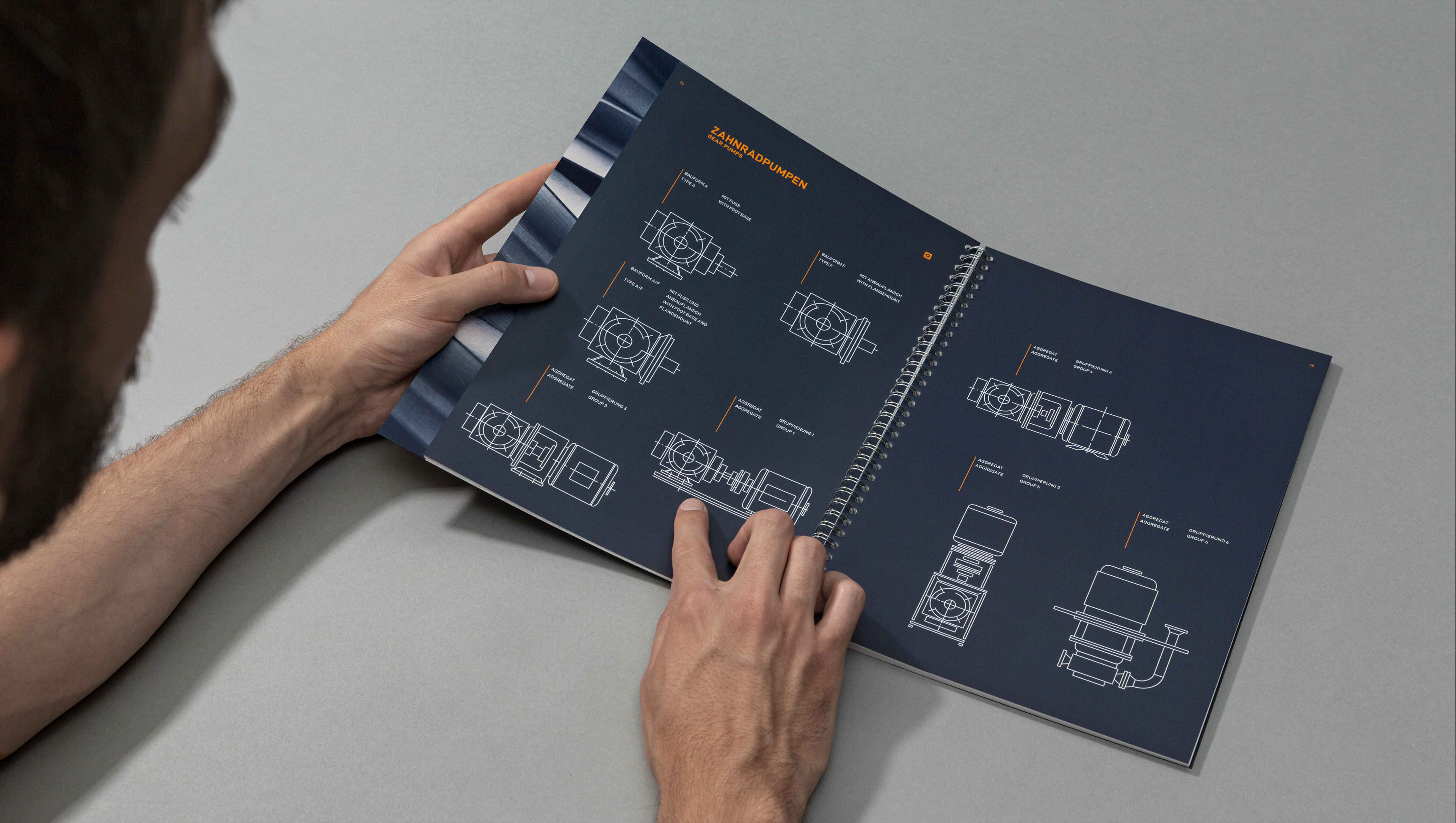 Produktkatalog mlau mit weißen technischen Zeichnungen