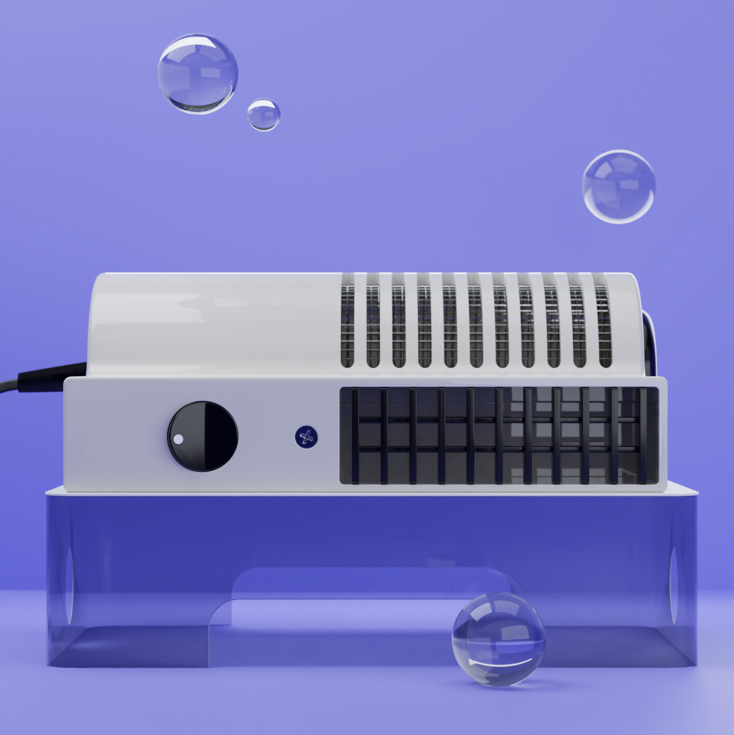 3D Produktvisualisierung, Braun Föhn, Blauer Hintergrund und spiegelnde Glaskugeln, Marius Nied