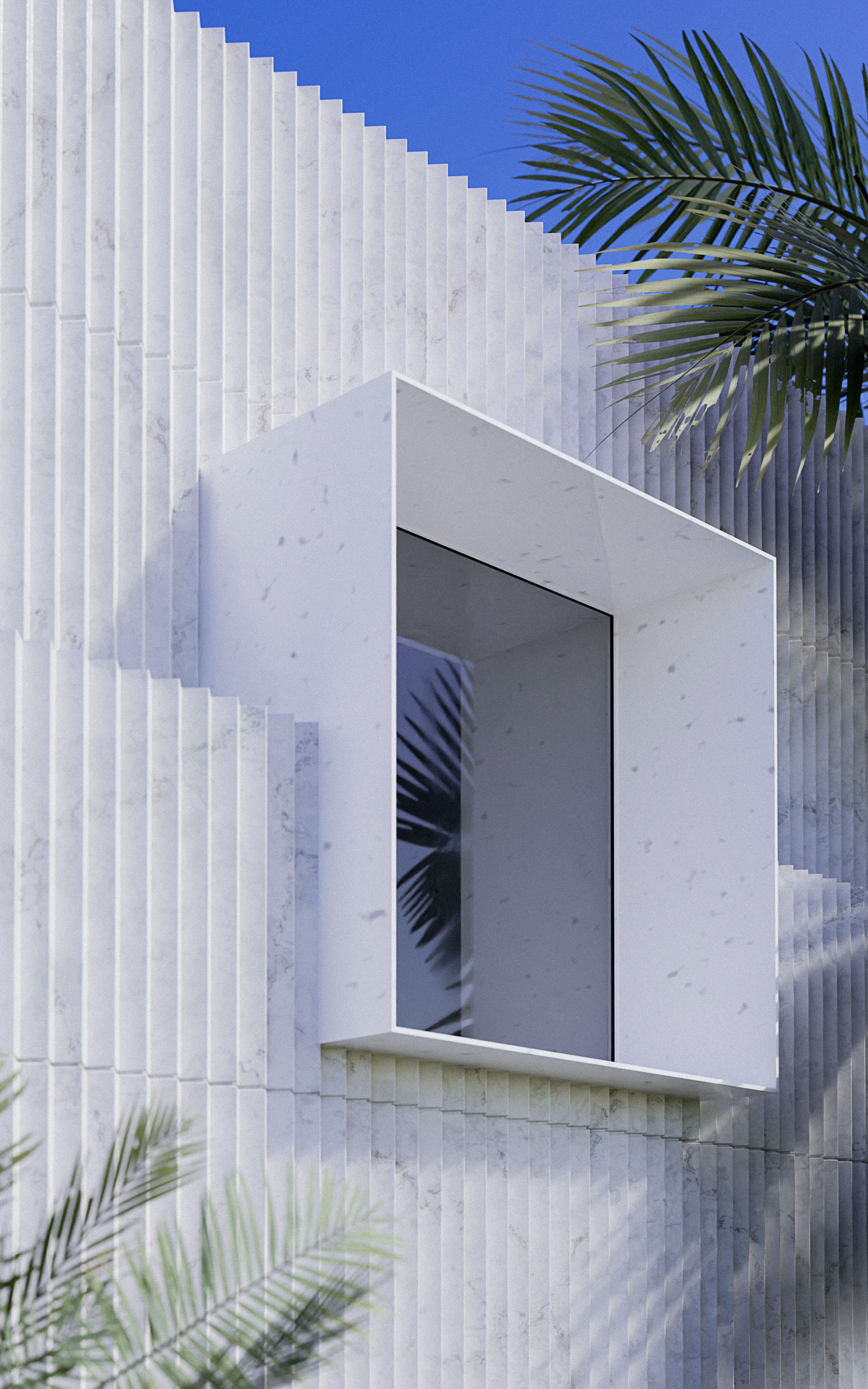 3D-Visualisierung moderne Architektur, Fenster, blauer Himmer mit Palme