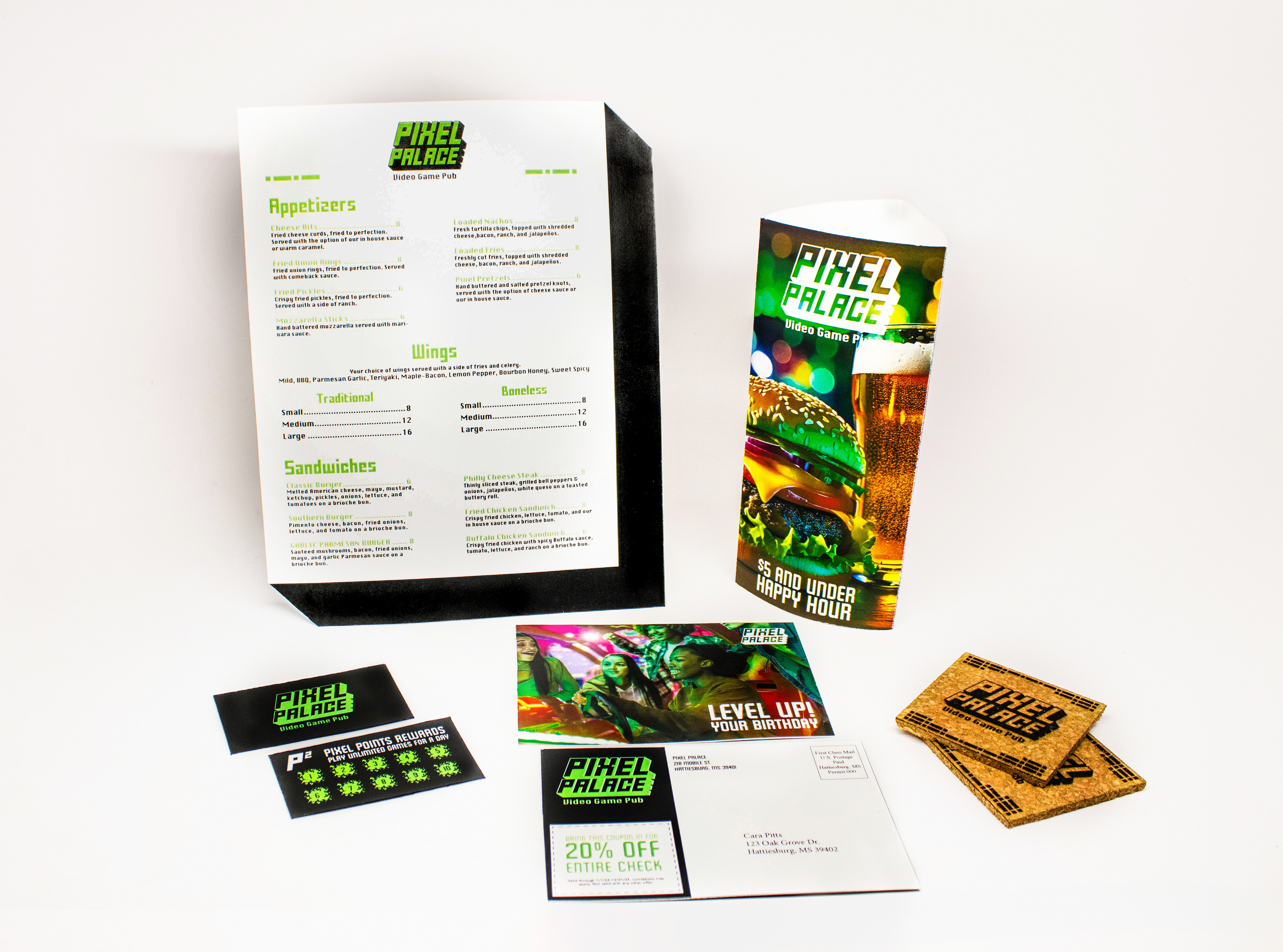 Pixel Palace Physical Collateral (menu, table topper, punch card, postcard, and coasters)