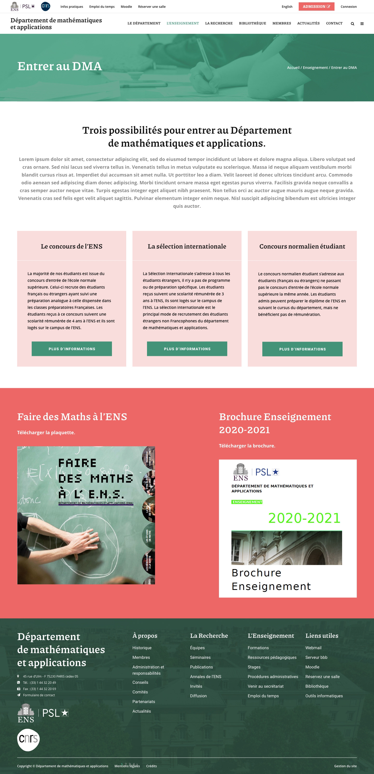 Landing page d'Admission du nouveau site web du Département de mathématiques et applications