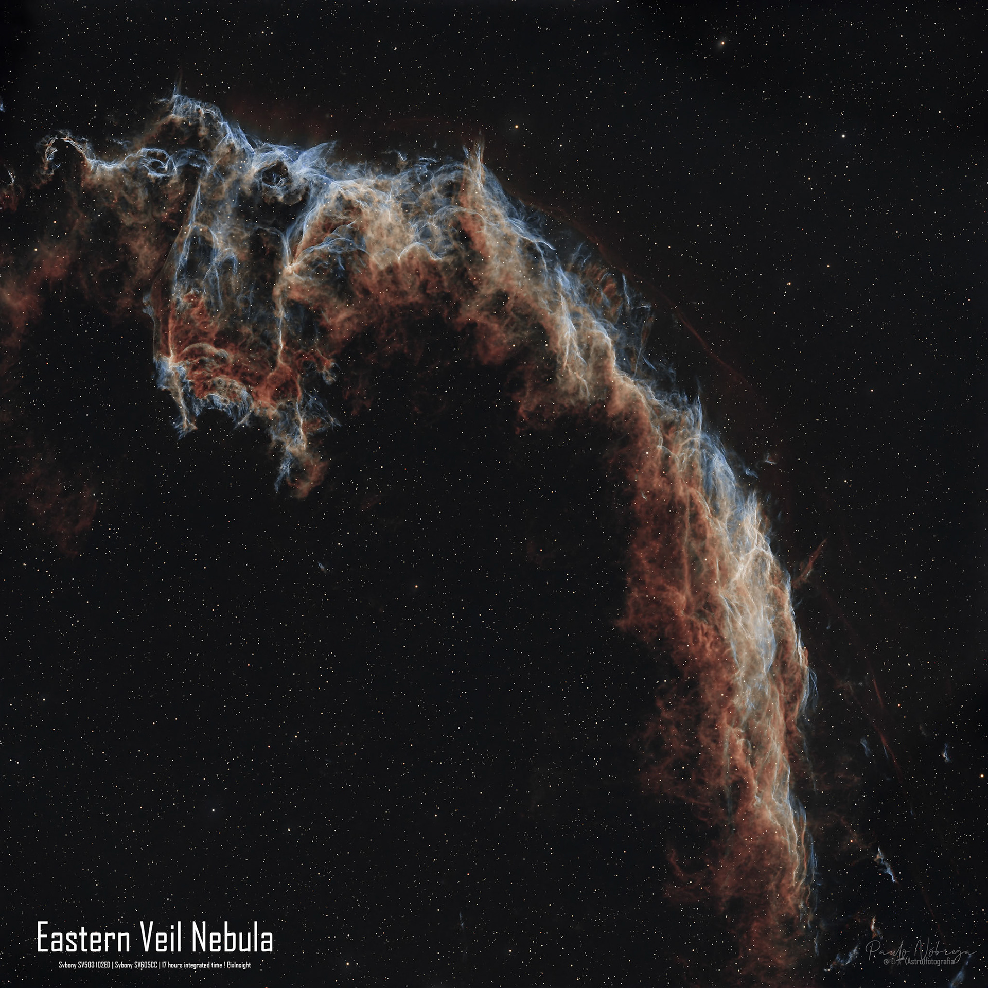 Eastern Veil Nebula (NGC 6992) — Supernova Remnant in CygnusLocated roughly 2,400 light-years away in the constellation Cygnus, NGC 6992 forms the eastern edge of the famous Cygnus Loop. This detailed deep-sky astrophotography capture reveals delicate filamentary structures created by supersonic shockwaves compressing interstellar gas, glowing prominently in ionized hydrogen-alpha and doubly ionized oxygen (OIII).