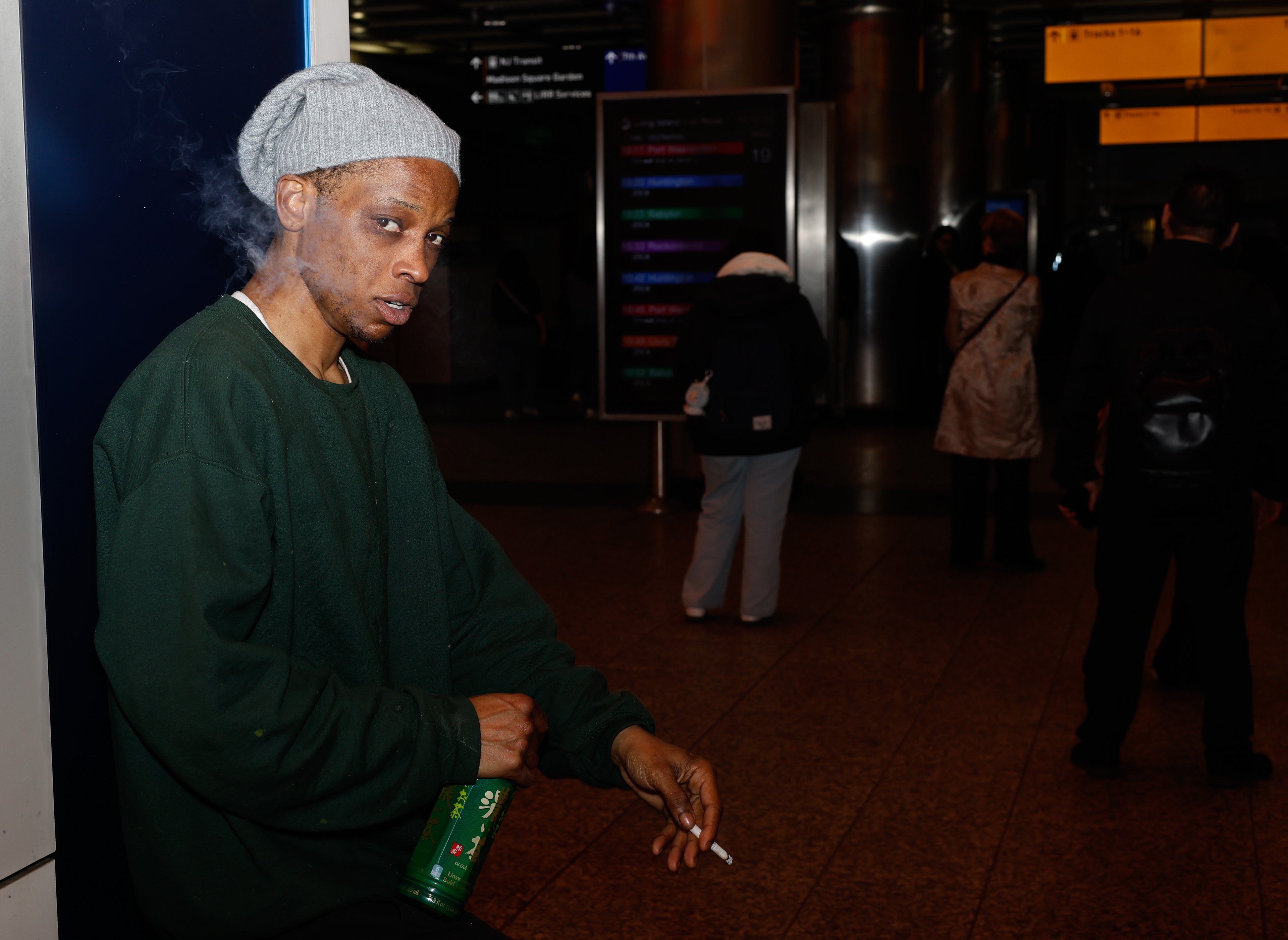 T.J. leans against a column in Penn Station on March 9, 2026, in New York, N.Y.