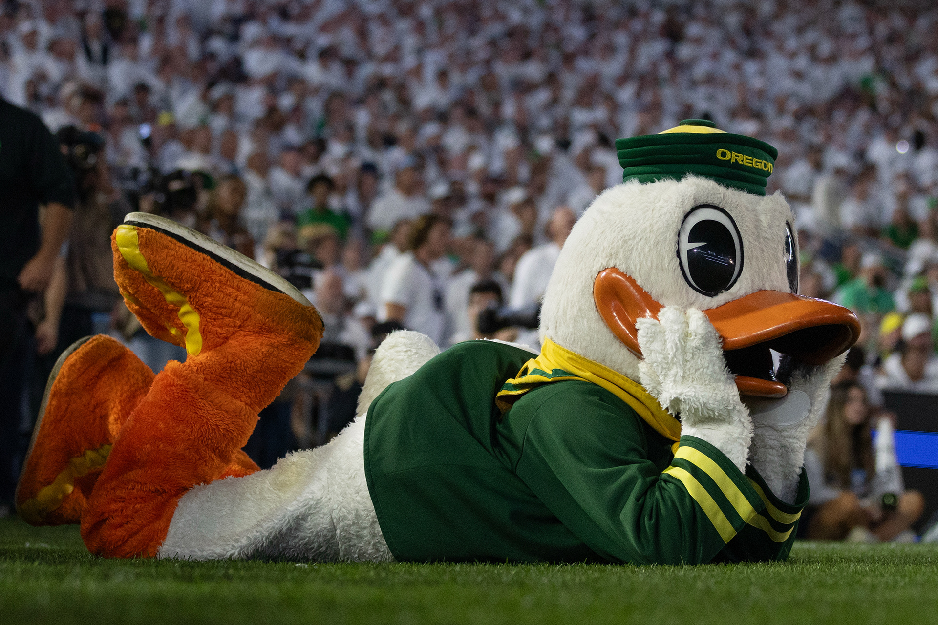The Oregon Duck lays on the sideline during Penn State's White Out game against Oregon at Beaver Stadium on Saturday, Sept. 27, 2025 in University Park, Pa. The Ducks beat the Nittany Lions in double OT 30-24.