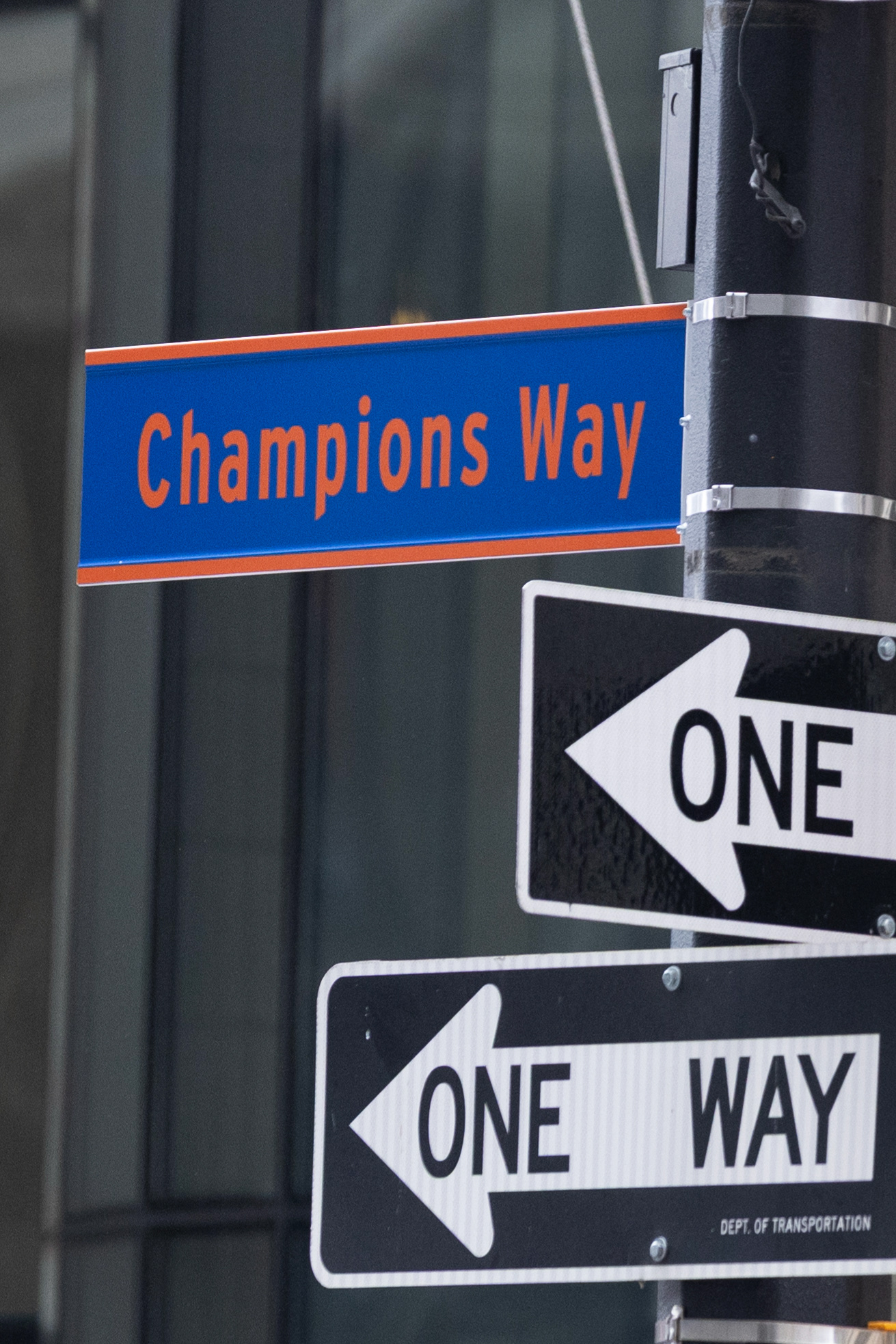 A “Champions Way” street sign stands during the Knick’s ticker tape parade on Thursday, June 18, 2026 in New York, N.Y.