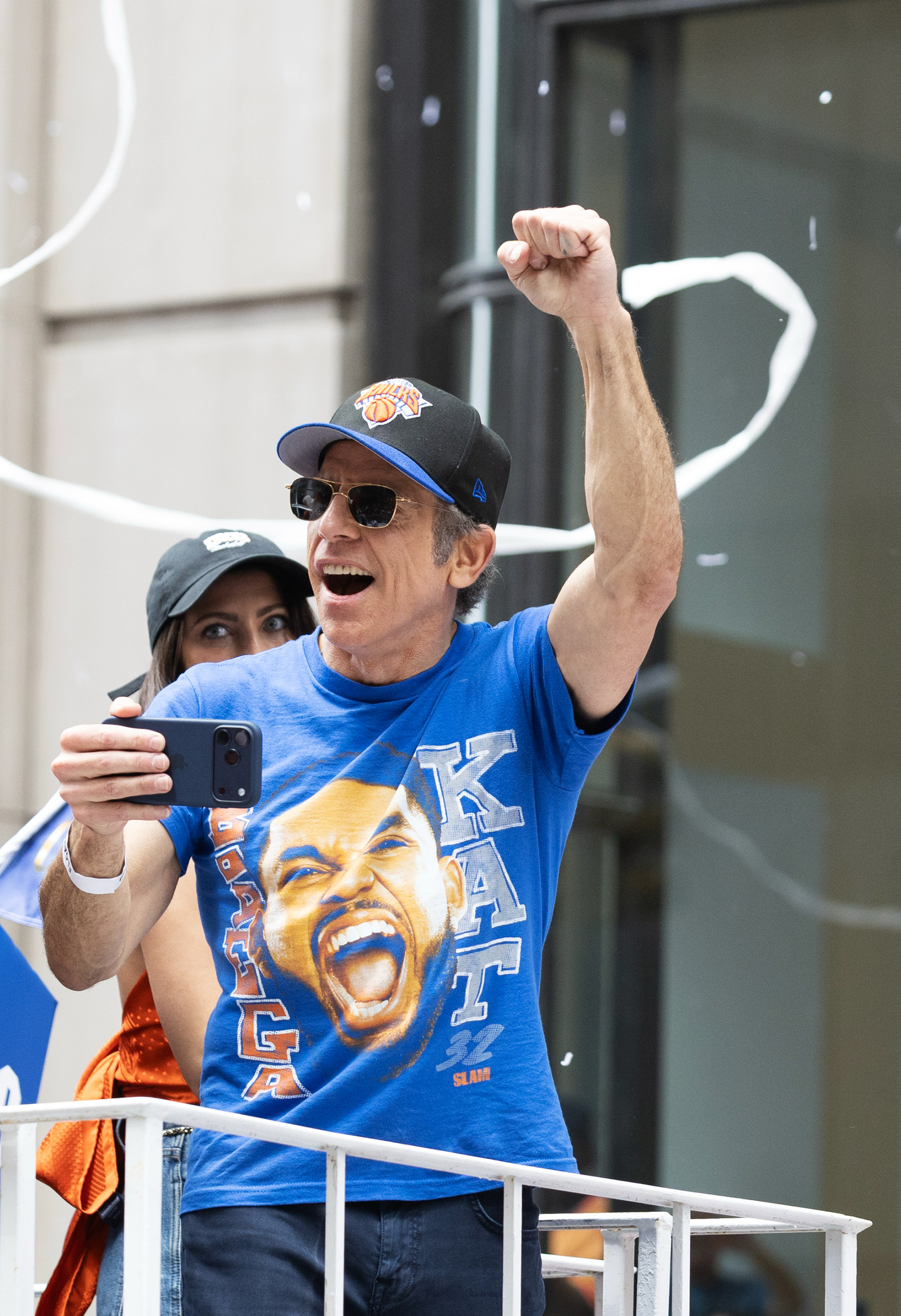 Ben Stiller cheers during the Knick’s ticker tape parade on Thursday, June 18, 2026 in New York, N.Y.