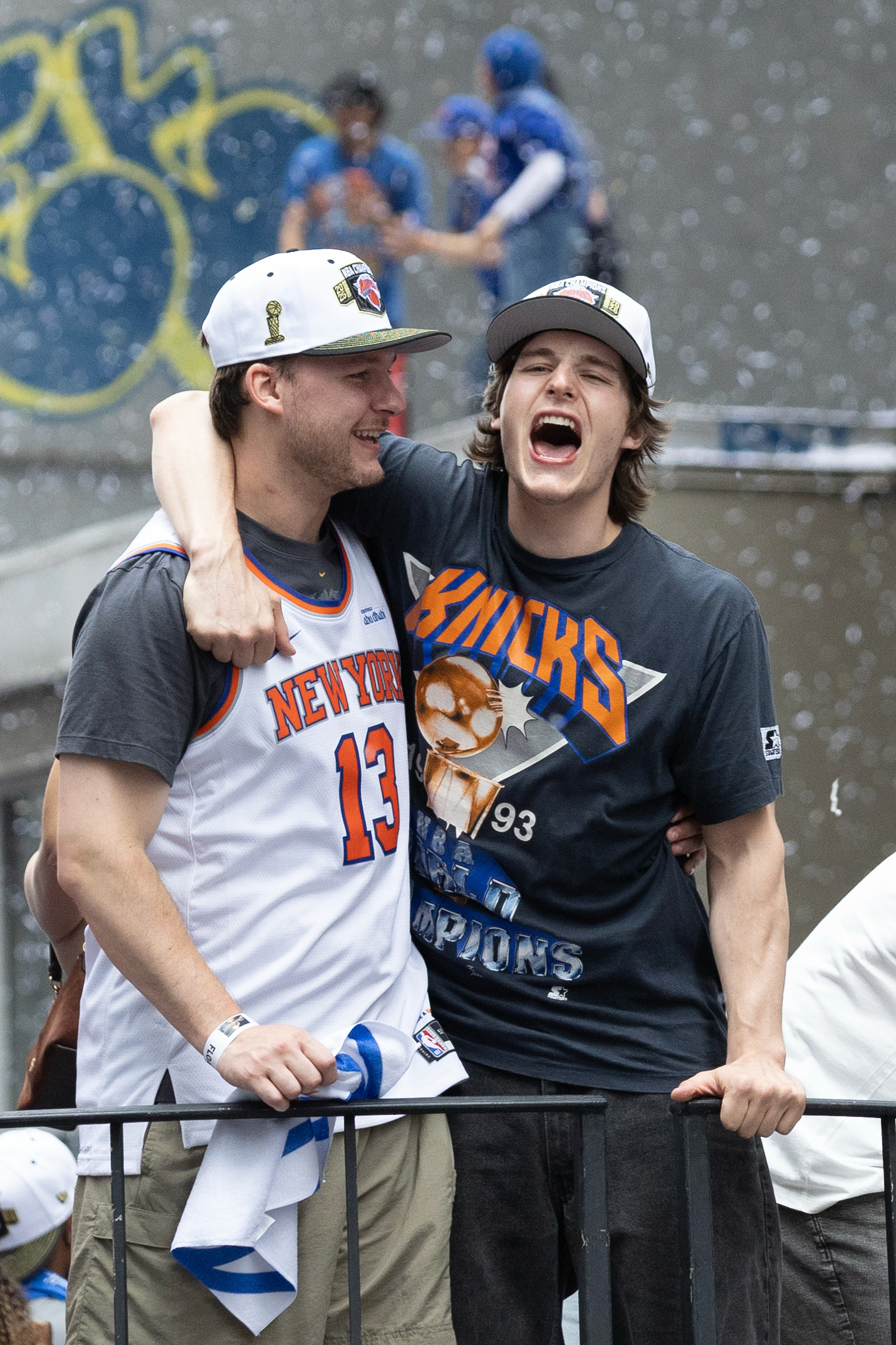 New York Knicks guard Tyler Kolek (13) cheers during the Knick’s ticker tape parade on Thursday, June 18, 2026 in New York, N.Y.