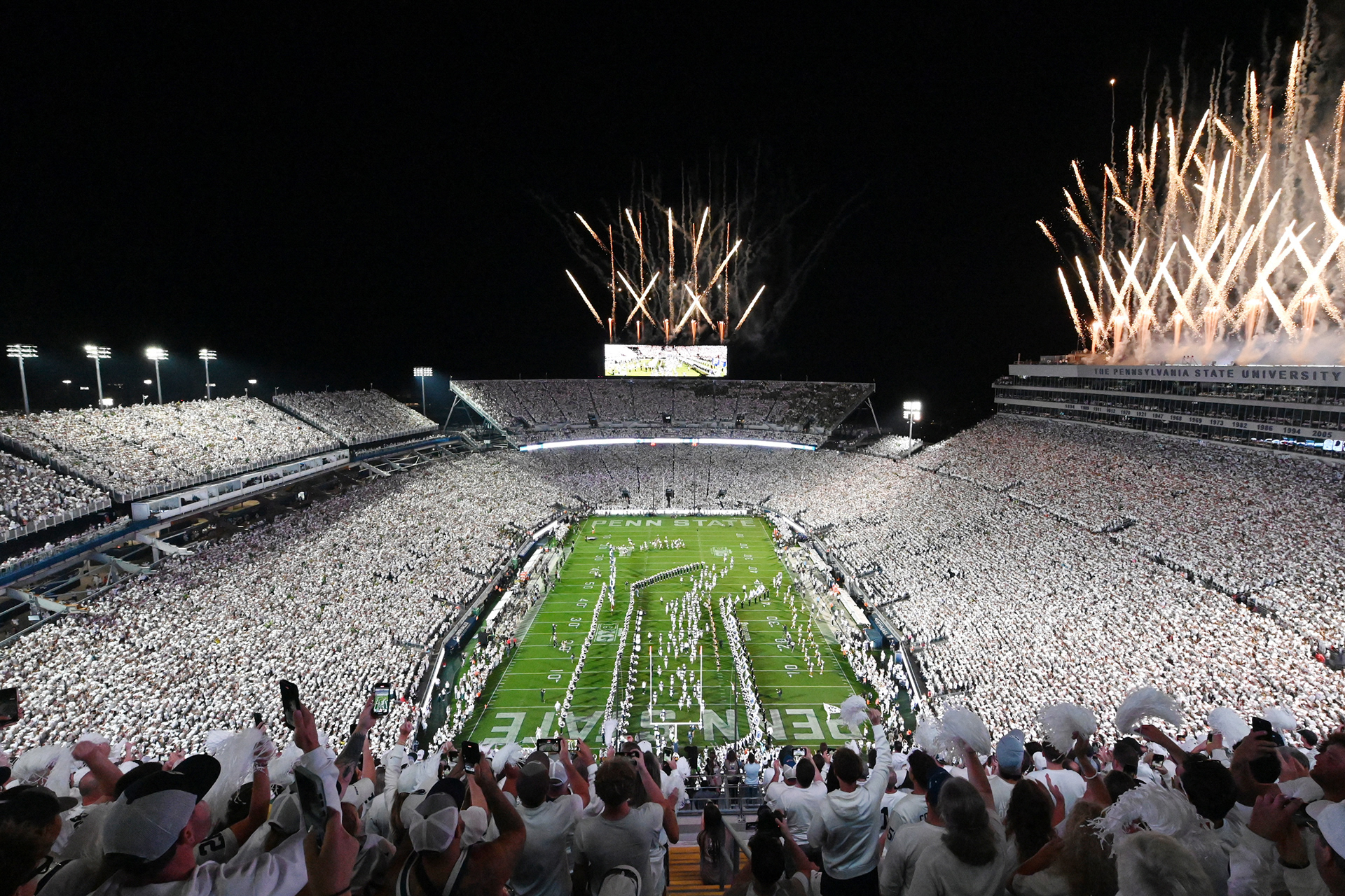 Fireworks erupt during Penn State's White Out game against Oregon at Beaver Stadium on Saturday, Sept. 27, 2025 in University Park, Pa. The Ducks beat the Nittany Lions in double OT 30-24.