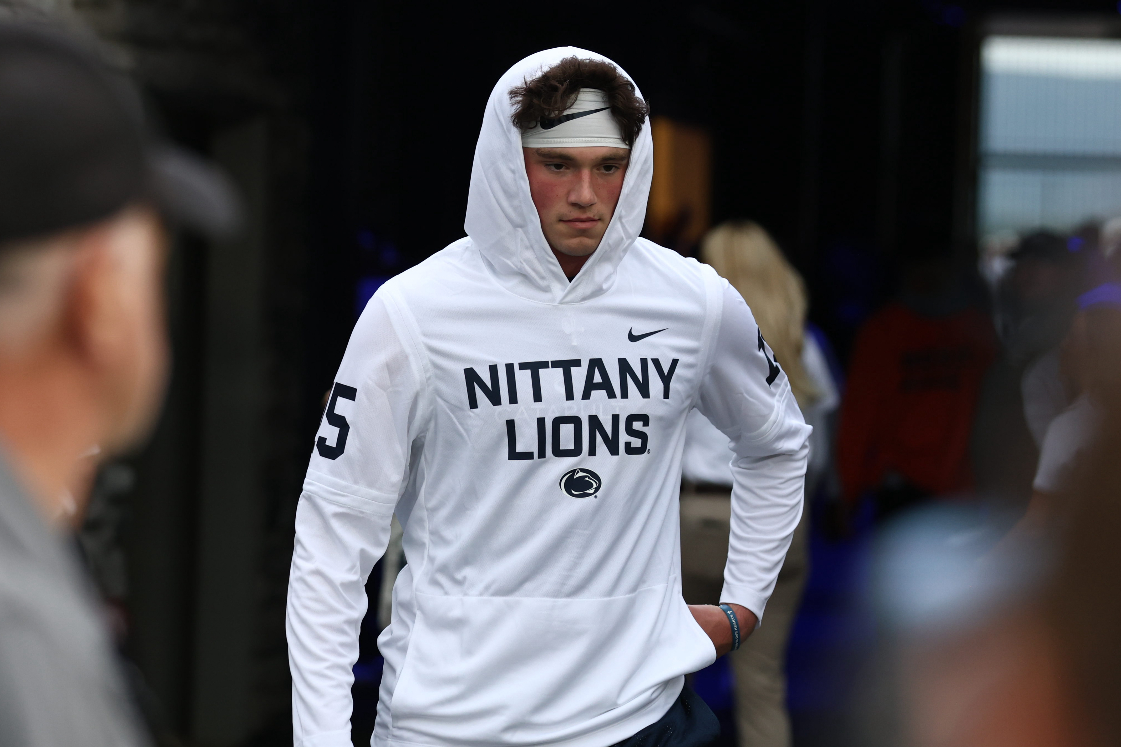 Penn State Nittany Lions quarterback Drew Allar (15) walks out to warm up before Penn State's White Out game against Oregon at Beaver Stadium on Saturday, Sept. 27, 2025 in University Park, Pa. The Ducks beat the Nittany Lions in double OT 30-24.