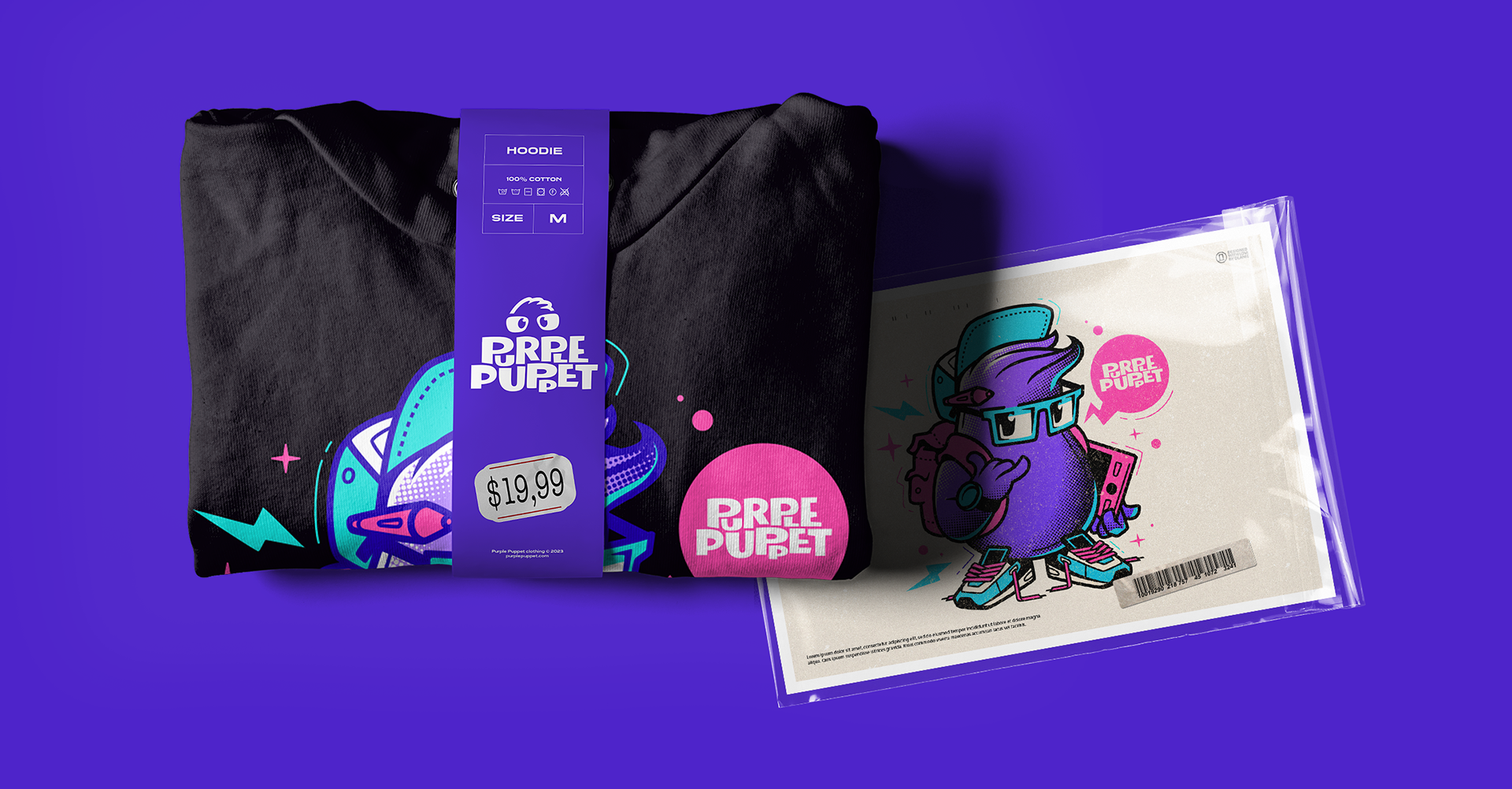 black hoodie with and postcard mascot design on it in branded identity on purple background
