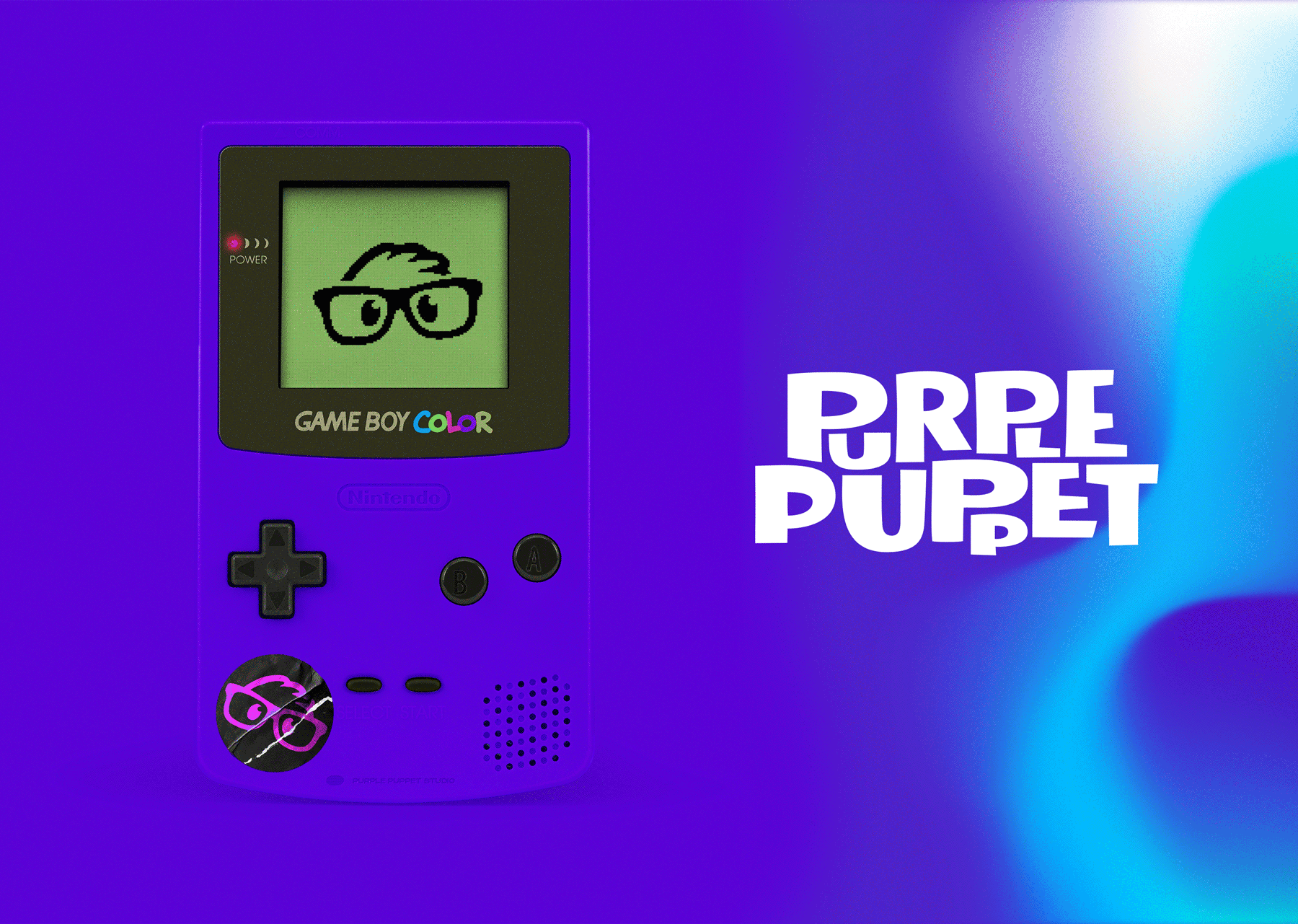 pixel logo animation on gameboy screen and lettering logotype on colorful background