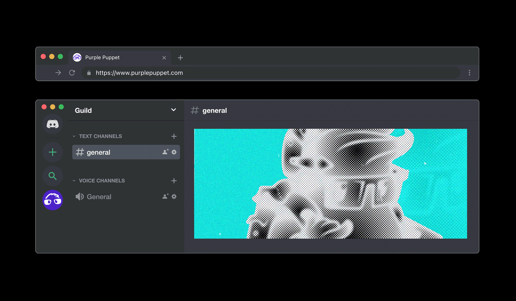 discord page and web page in branded identity and animated illustration of mascot on it