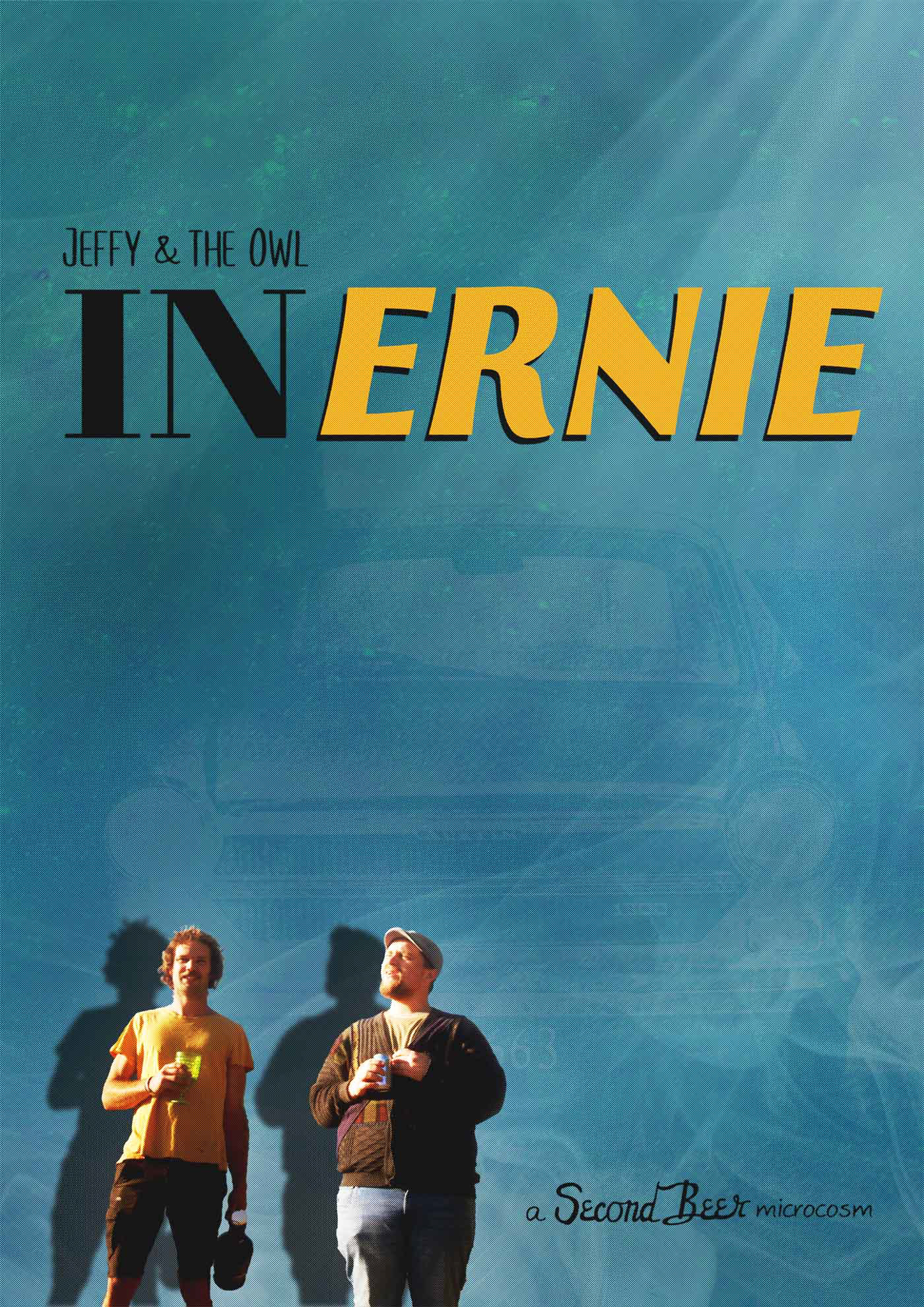 Poster for Second Beer Microcosm "Jeffy and the Owl in Ernie", featuring Jeffy and The Owl standing in an abstract teal smoky background beneath the title