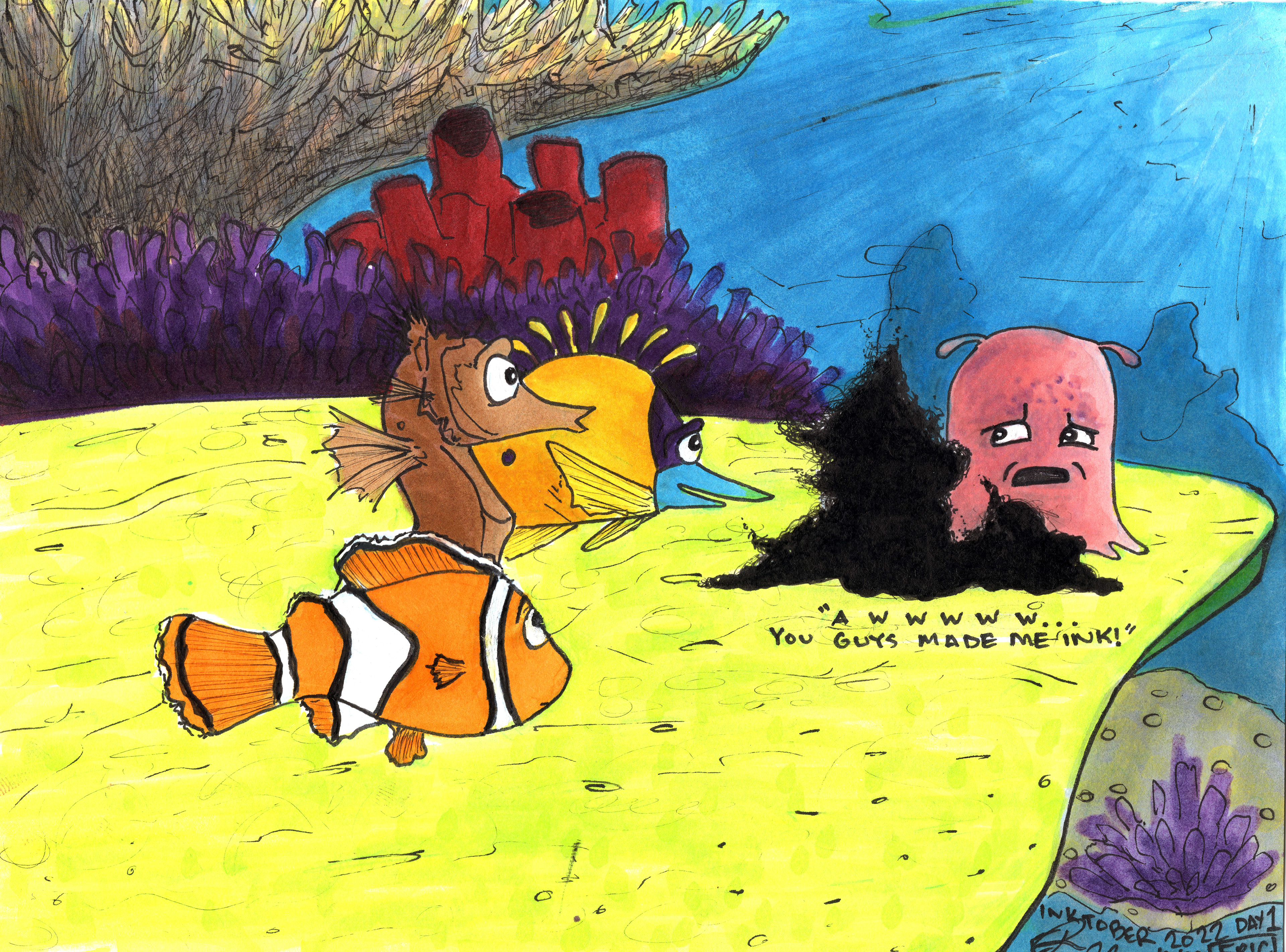 "Aww... You Guys Made Me Ink" (2022) Inktober Series Day 1. Copic multiliner and copic marker on sketch paper.