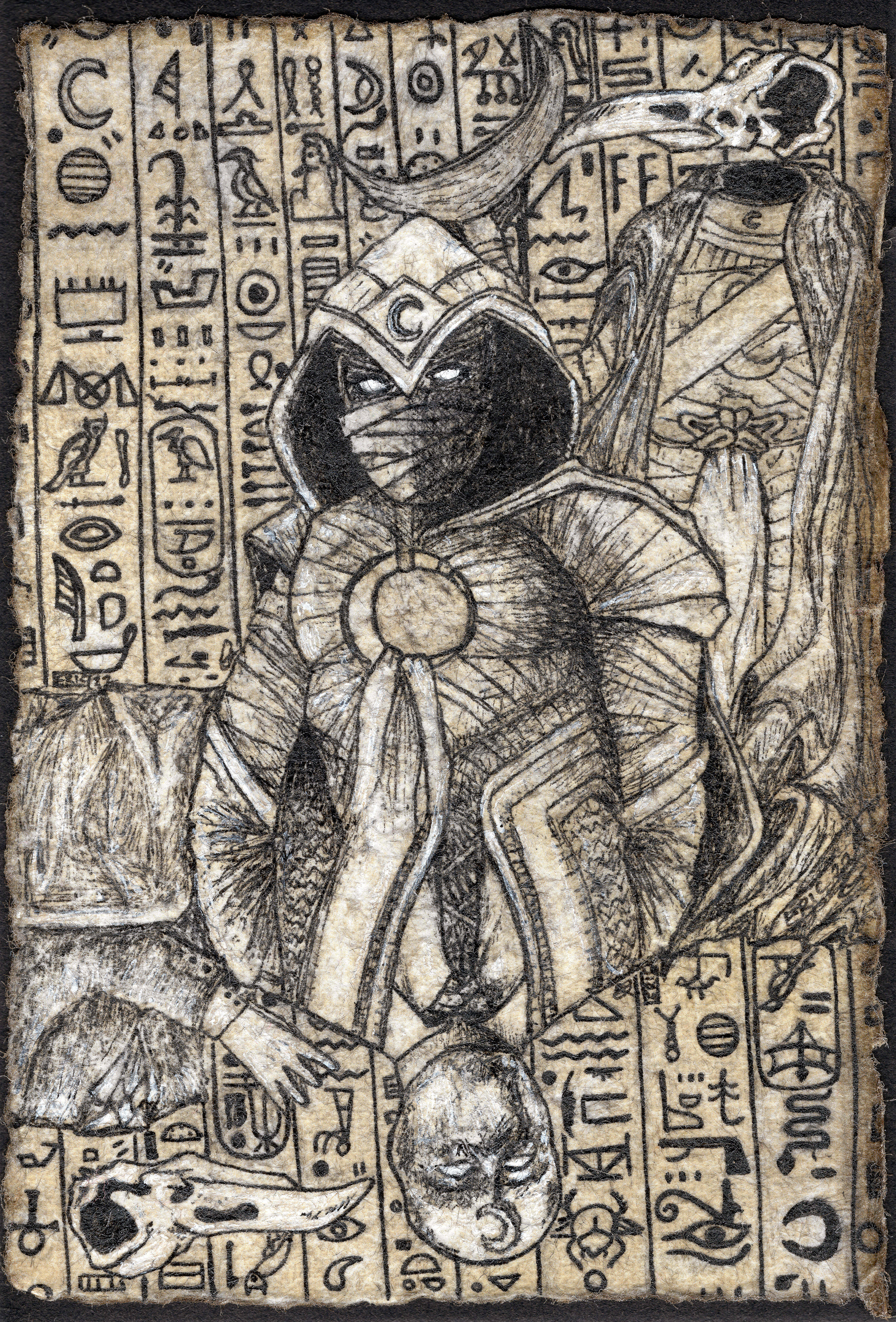 "Moonknight / Mr. Knight / The Moon God Konshu." (2022) The playing card composition represents the DID and identities of Marc Spector / Steven Grant. Copic Multiliner, Uniball Gel Pen, Posca Marker, on weathered paper.  