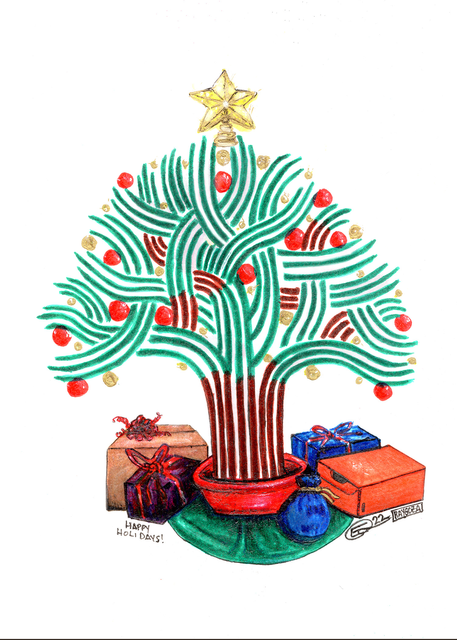 "O'ak Christmas Tree" (2022) Original Holiday card. Pigma brush marker / Copic markers, and Copic Multiliner on 5x7 card