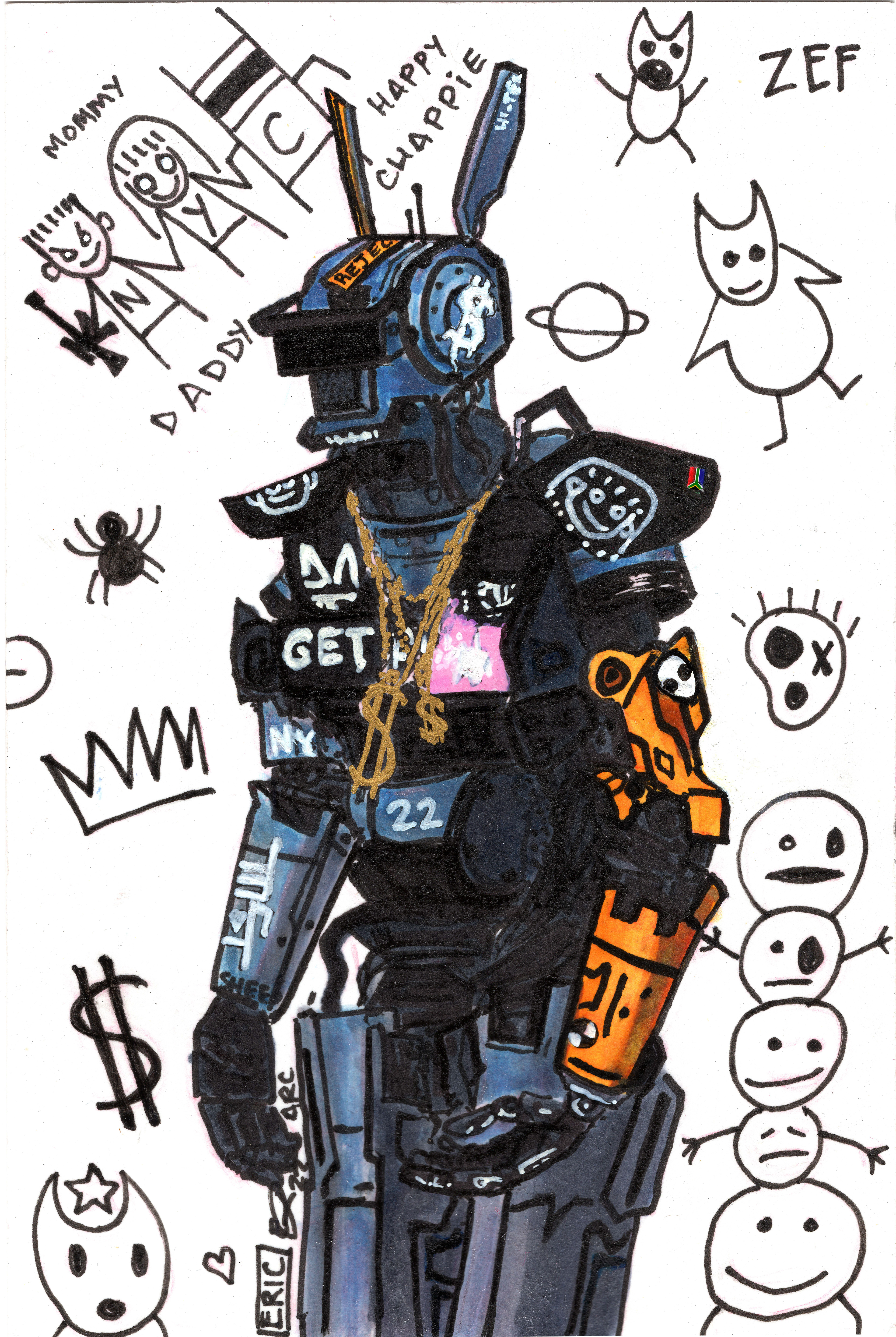 "Happy Chappie" (2022) Pentel Sign Pen, Copic Markers, and Posca Marker on 5x7 postcard.