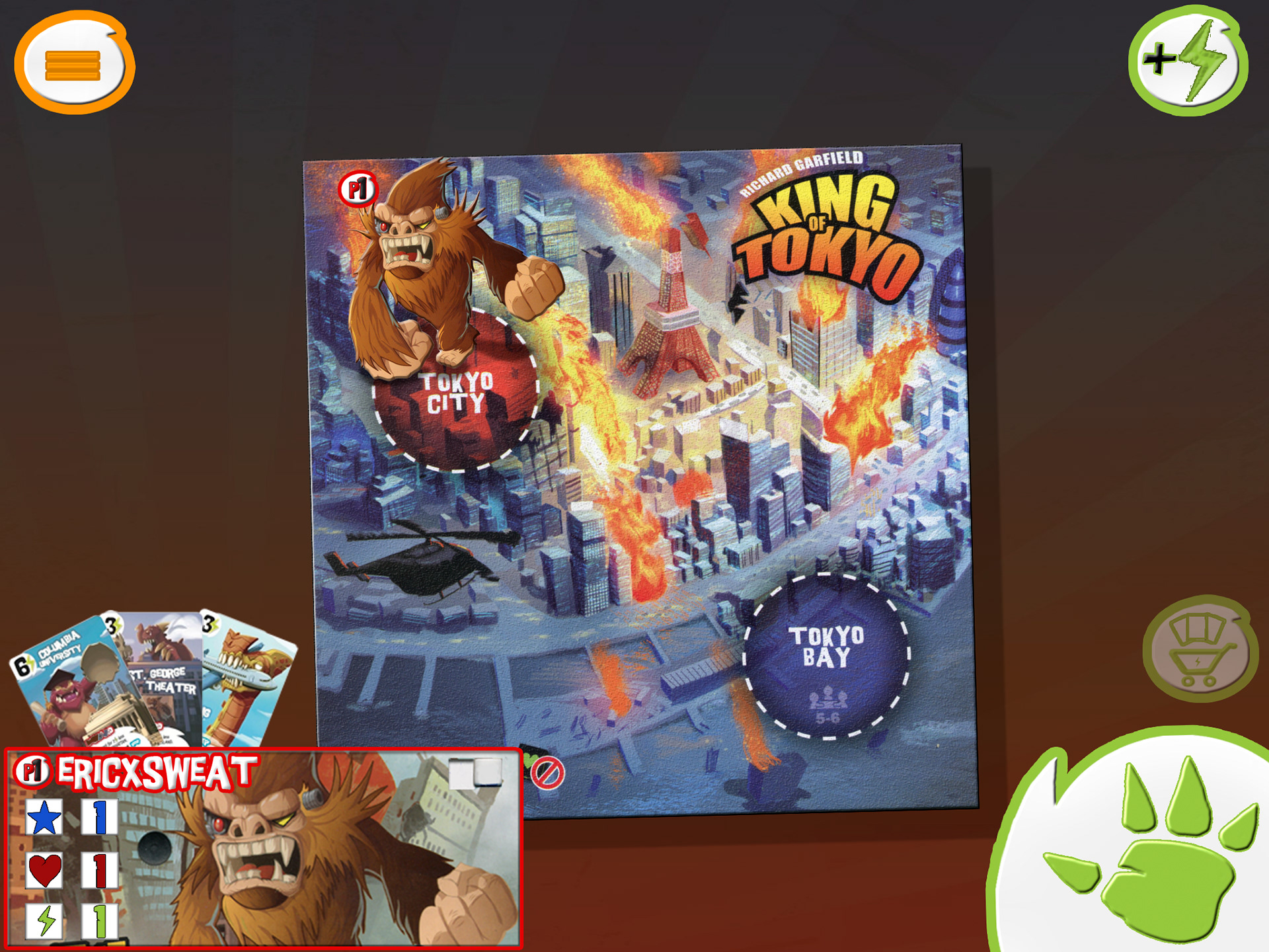 Initial Phase. Nameplate demonstrating Life Points, Health, Energy, and slot for victory points.