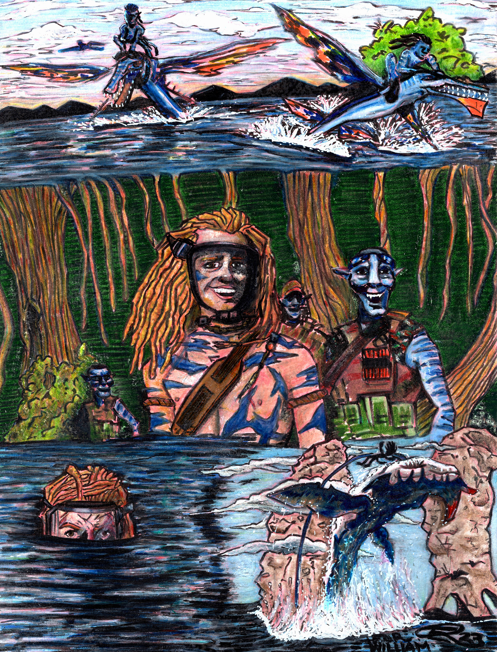 "the Way of Water" (2023) Ink, colored pencils, Copic/ Winsor & Newton Brush markers on 9x12 Canson Mixed Media paper. Avatar 2 character Spider commission. 