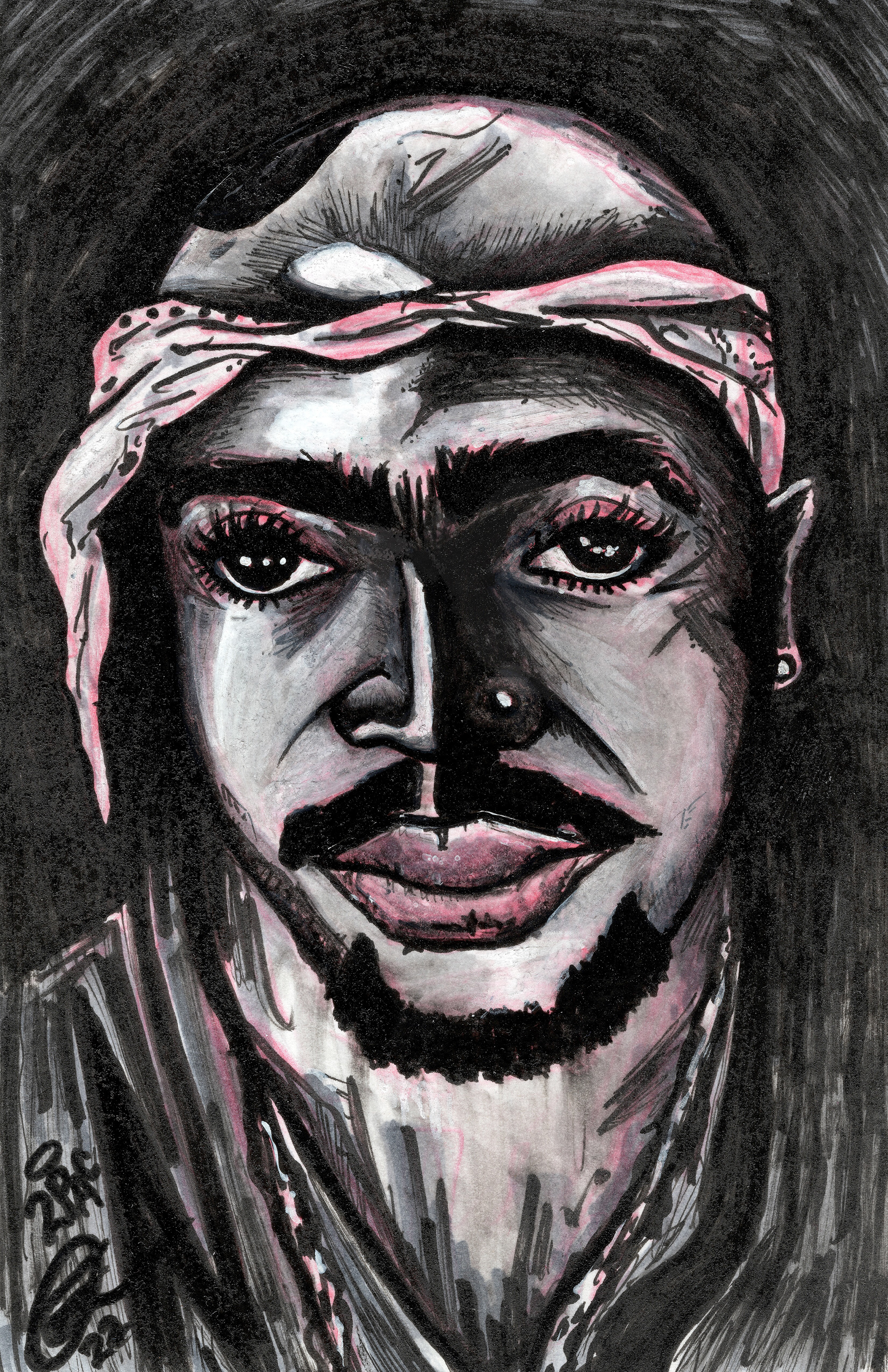 "2Pac" Ink and Paint / Alcohol markers on 4x6 postcard. Commission: Client had a sentimental Tupac tattoo and wanted a sketch of the tattoo itself done in my style.